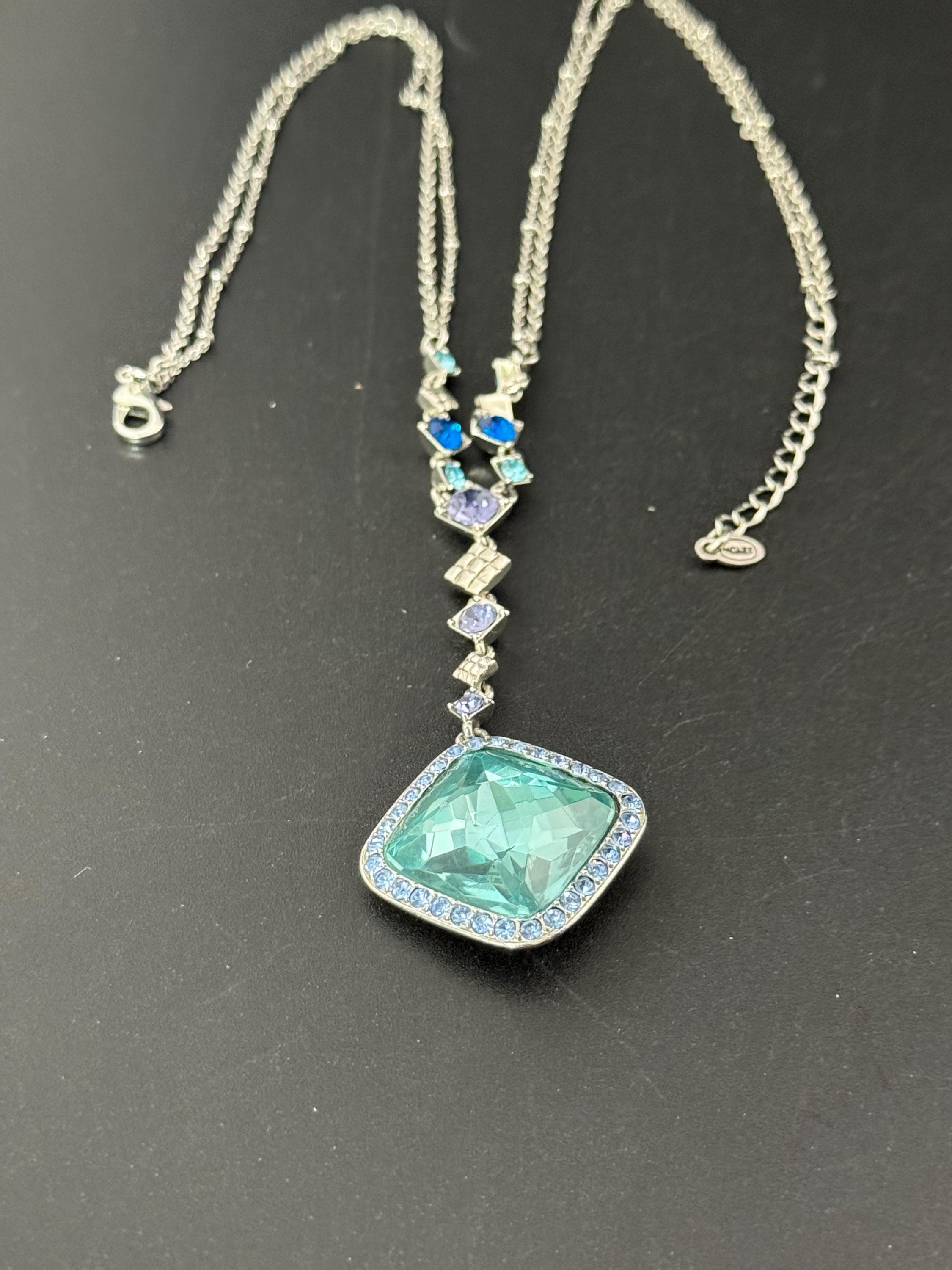 Vintage MONET Aquamarine Crystal Necklace: Silver Plated Rhinestone Drop, signed