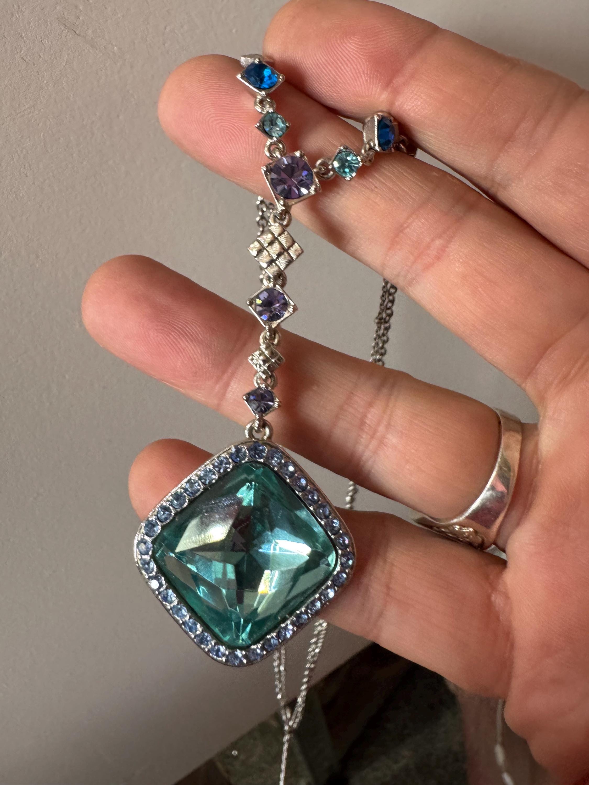 Vintage MONET Aquamarine Crystal Necklace: Silver Plated Rhinestone Drop, signed