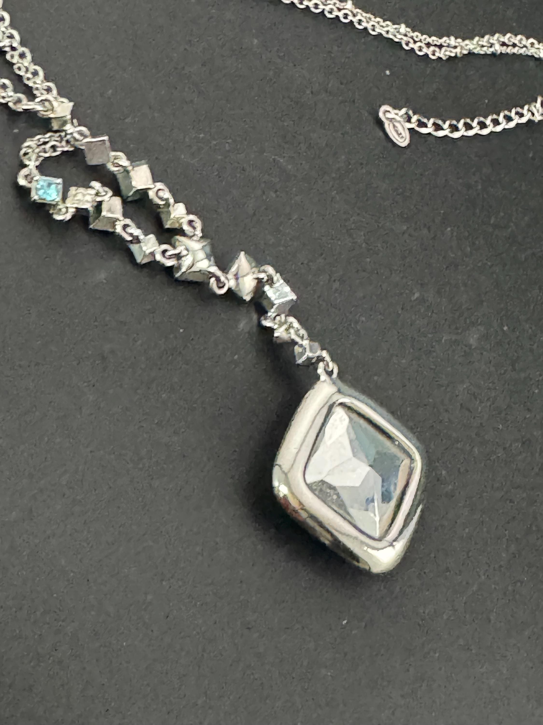 Vintage MONET Aquamarine Crystal Necklace: Silver Plated Rhinestone Drop, signed