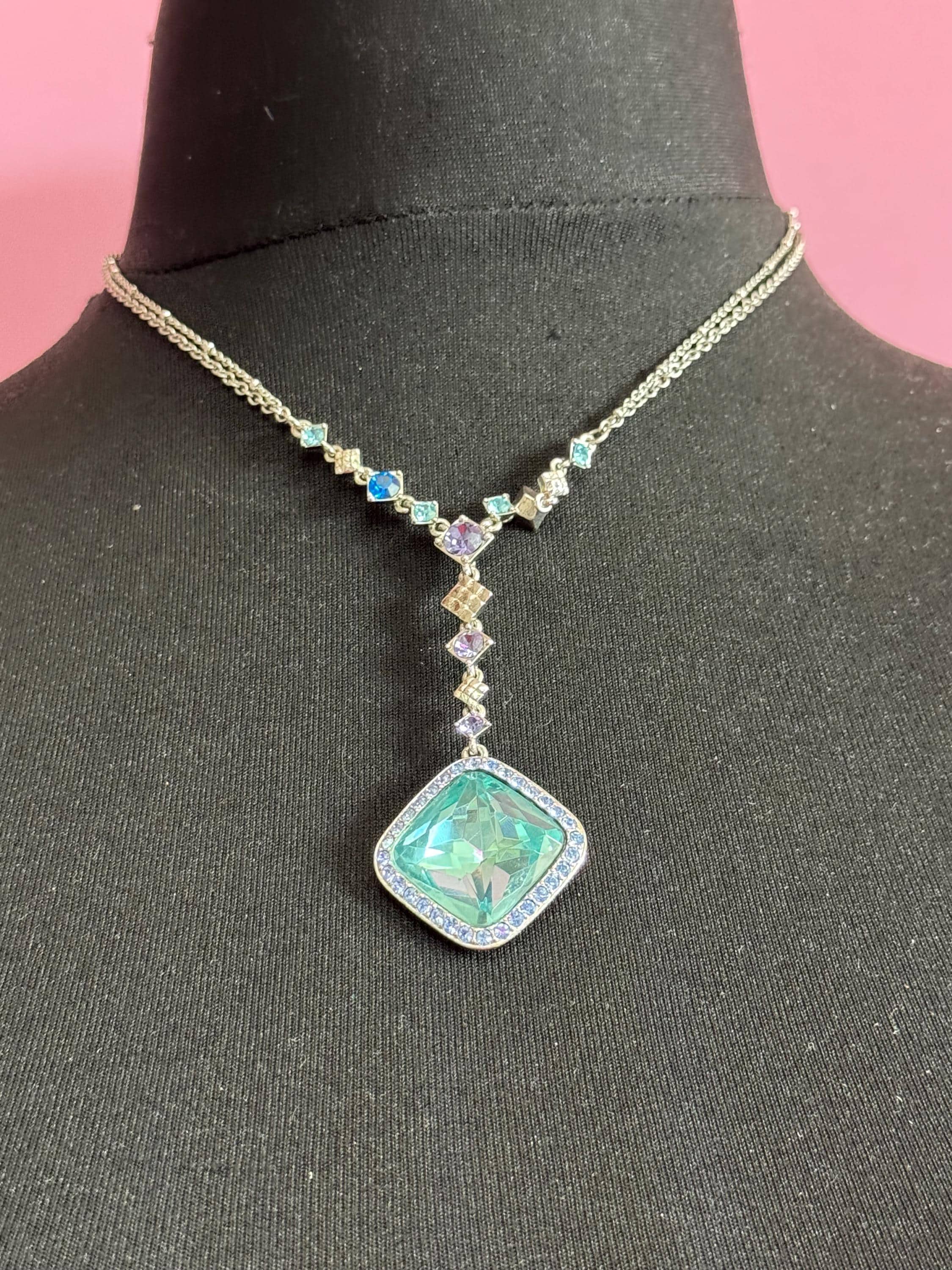 Vintage MONET Aquamarine Crystal Necklace: Silver Plated Rhinestone Drop, signed