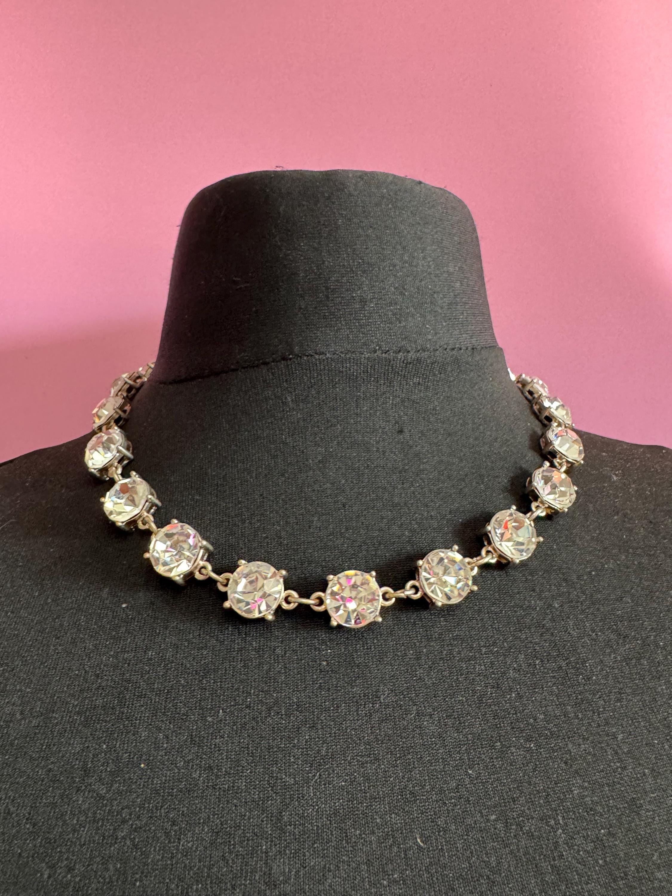 Vintage Signed MONET clear glass super sparkly 13mm bezel diamanté Crystal collar necklace , silver plated