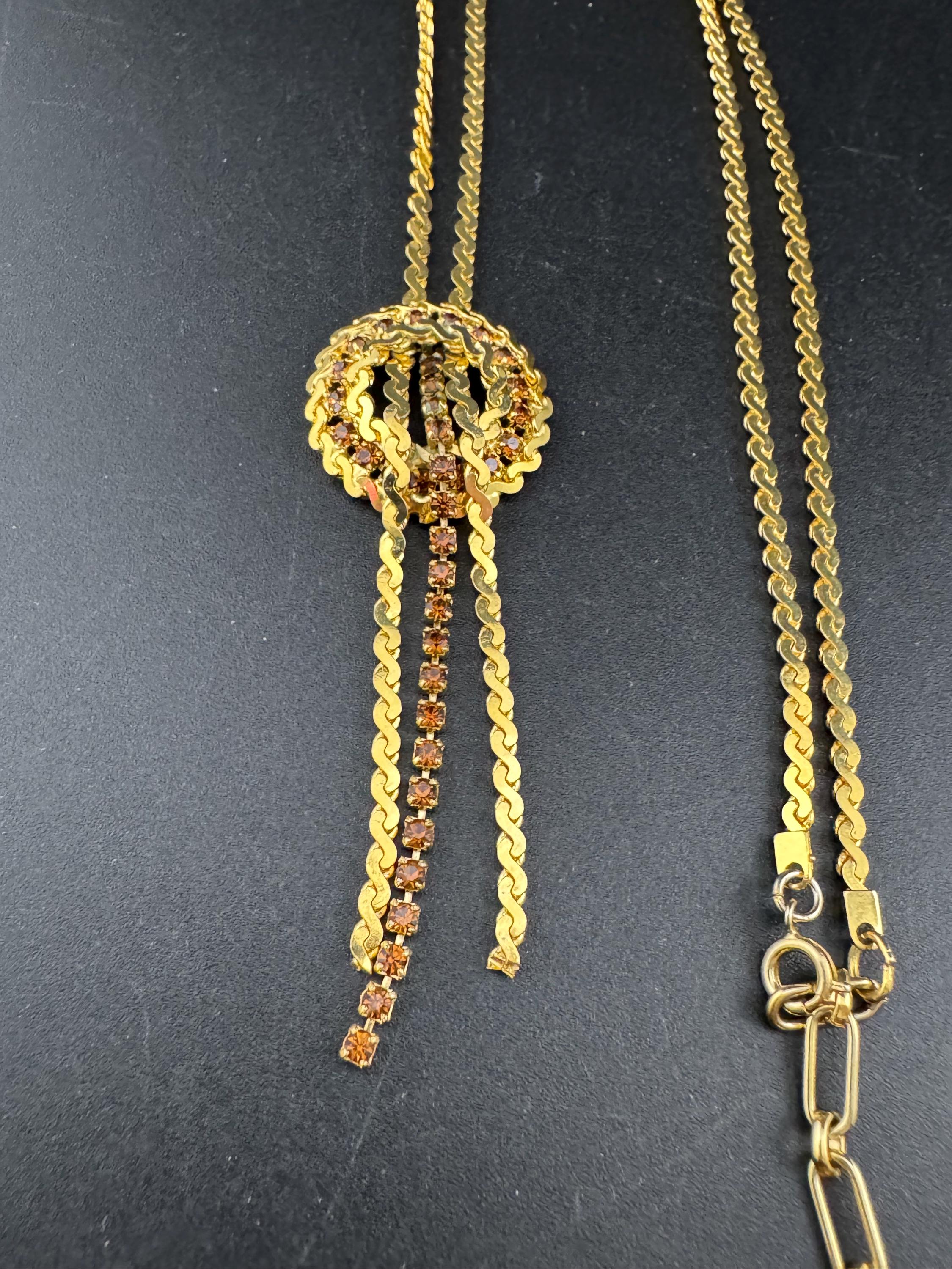 Vintage gold tone cognac brown glass diamanté lariat dropper necklace 1960s