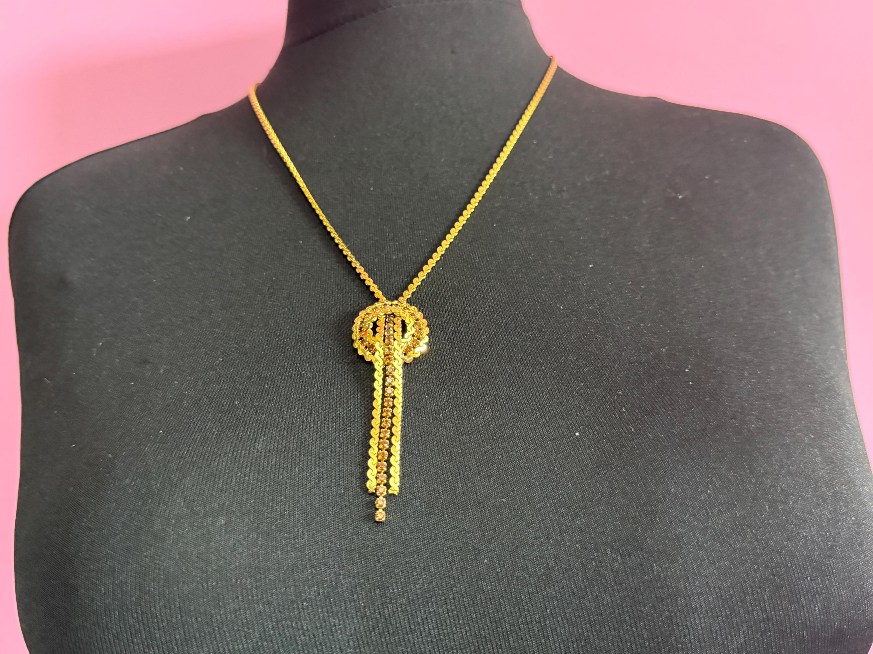 Vintage gold tone cognac brown glass diamanté lariat dropper necklace 1960s