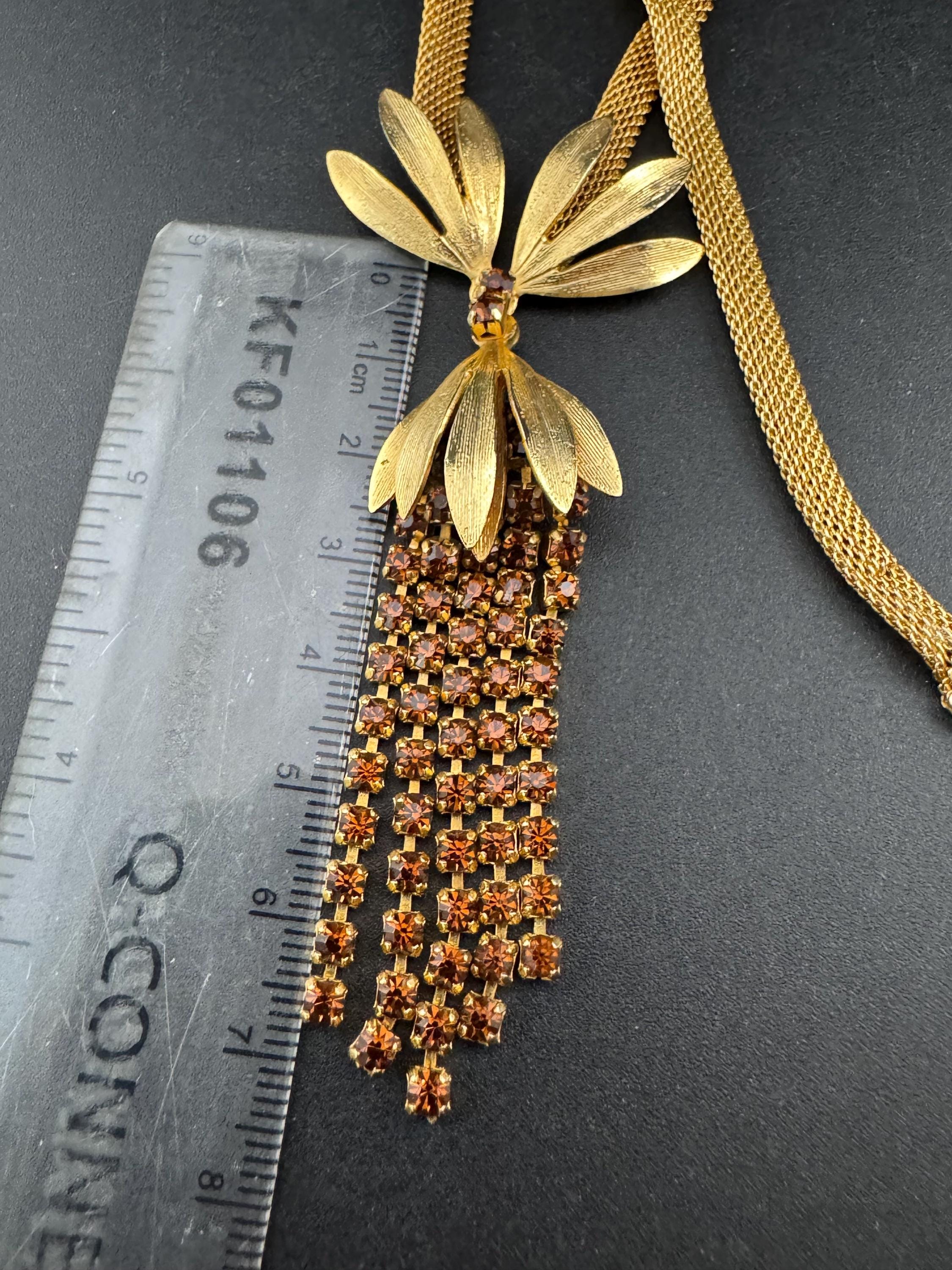 Vintage gold tone cognac brown glass diamanté lariat dropper necklace 1960s
