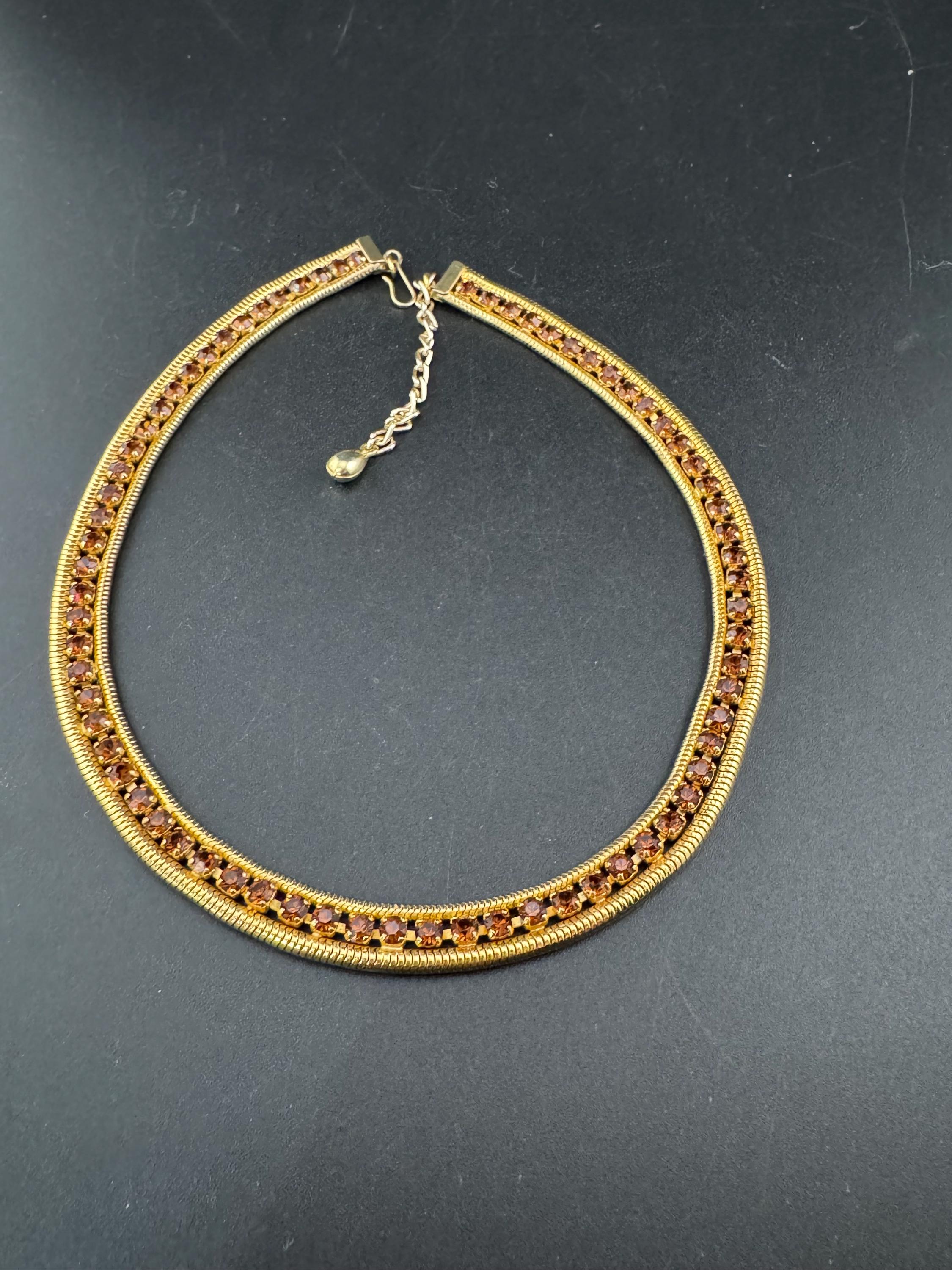 As found cognac glass brown diamante woven choker necklace, Vintage mid century gold plated