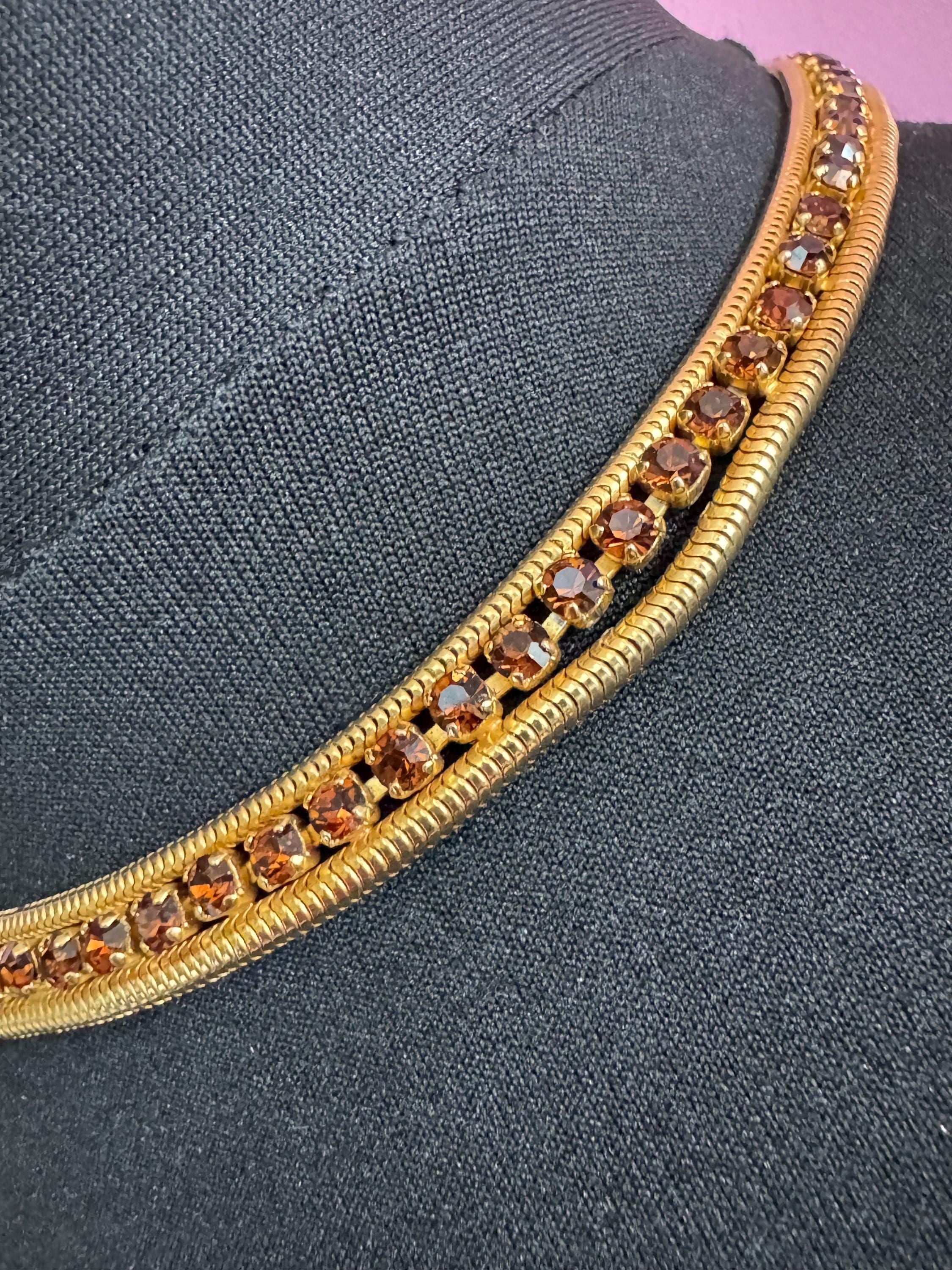 As found cognac glass brown diamante woven choker necklace, Vintage mid century gold plated