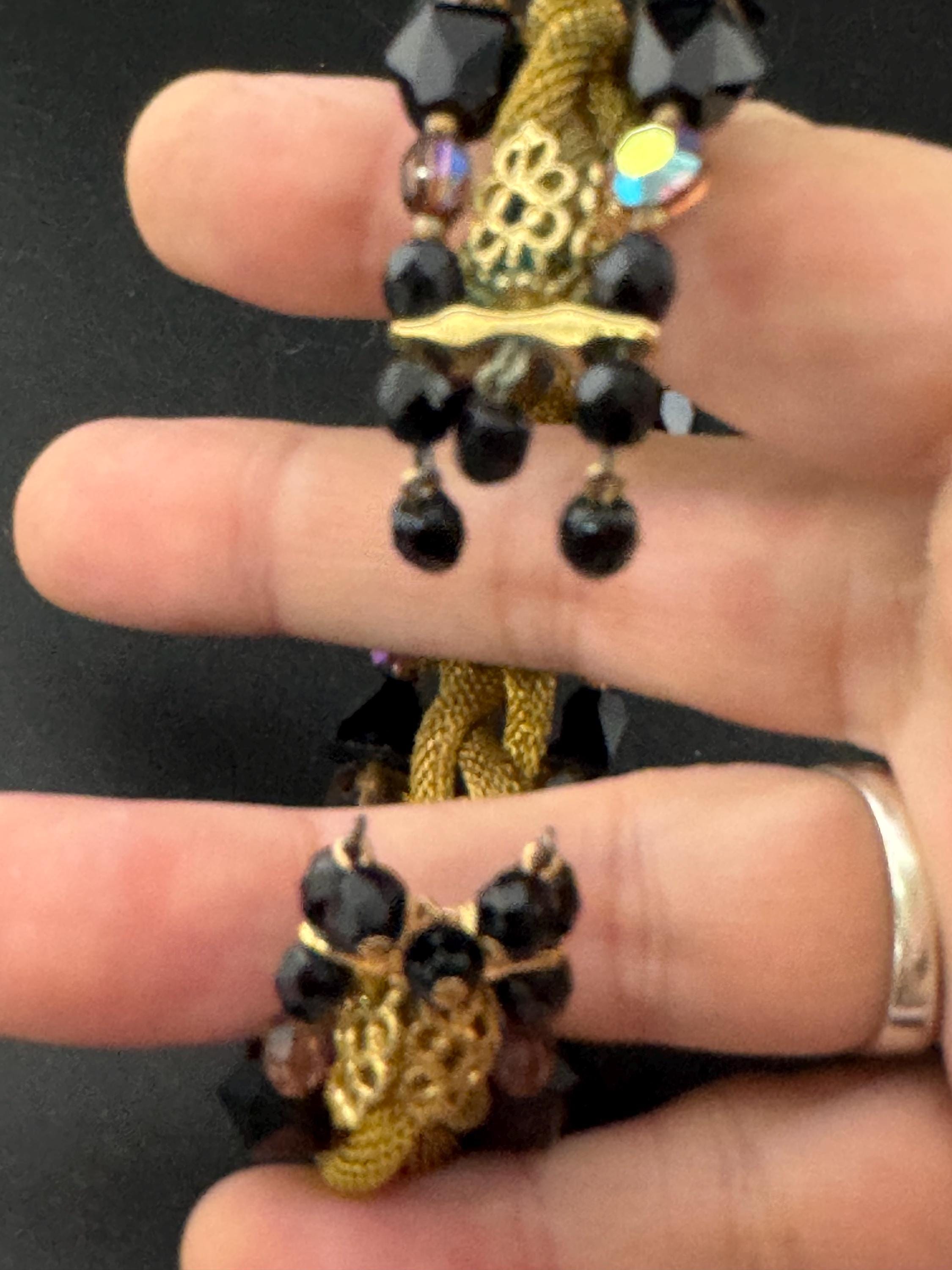 Vintage black and brown AB glass crystal rhinestone wide Gold Tone mesh cocktail tassel bracelet