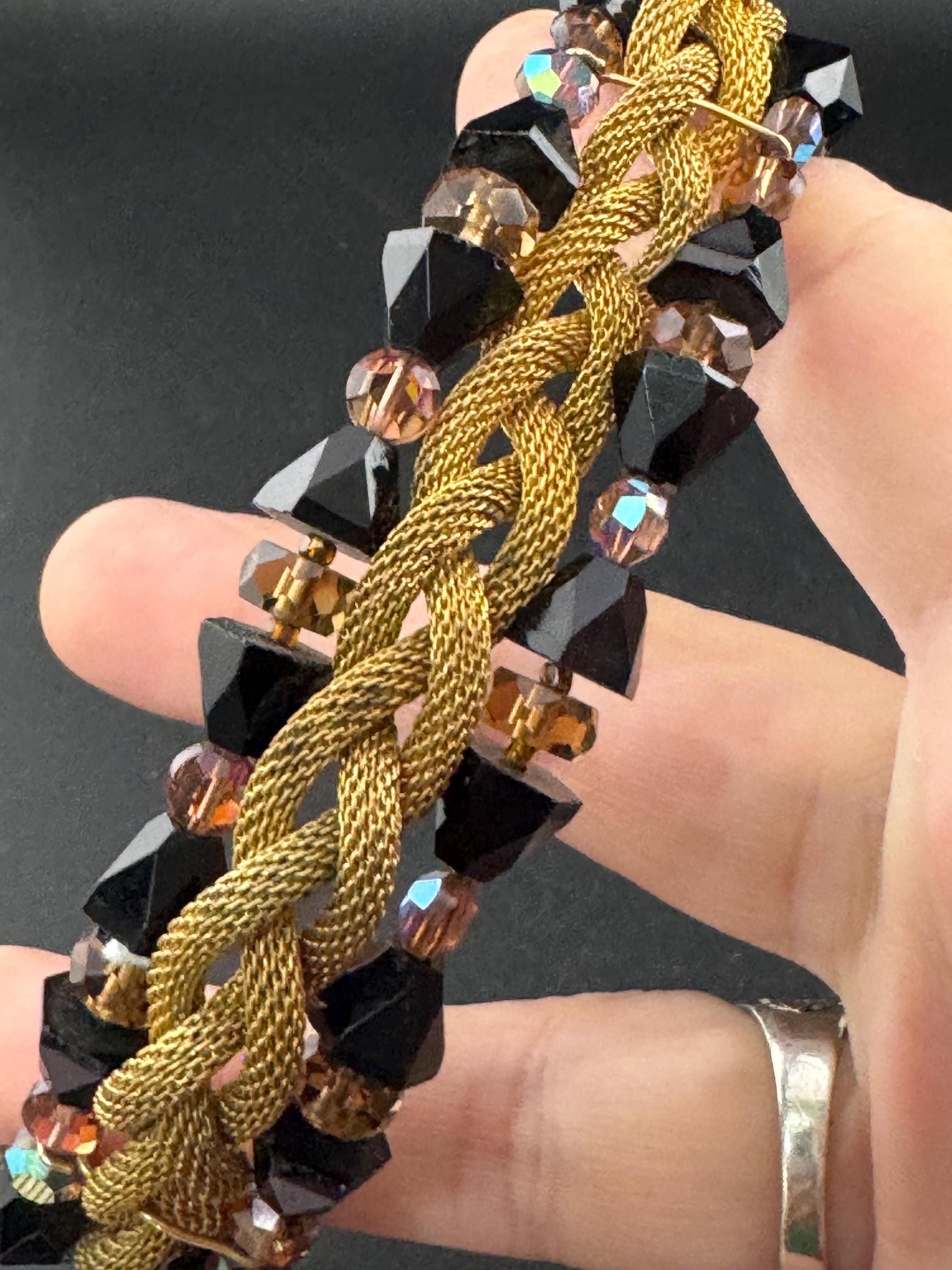 Vintage black and brown AB glass crystal rhinestone wide Gold Tone mesh cocktail tassel bracelet