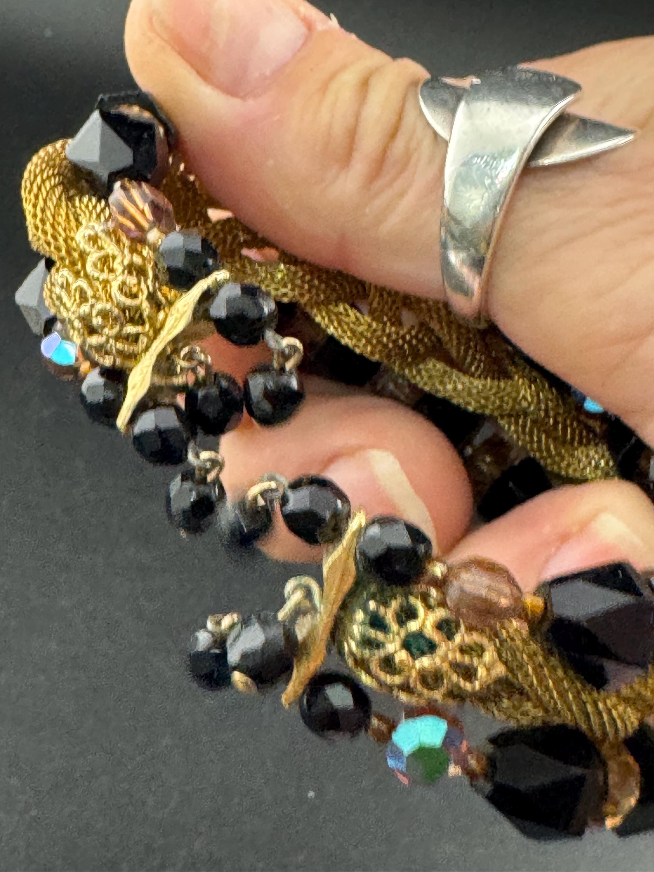 Vintage black and brown AB glass crystal rhinestone wide Gold Tone mesh cocktail tassel bracelet