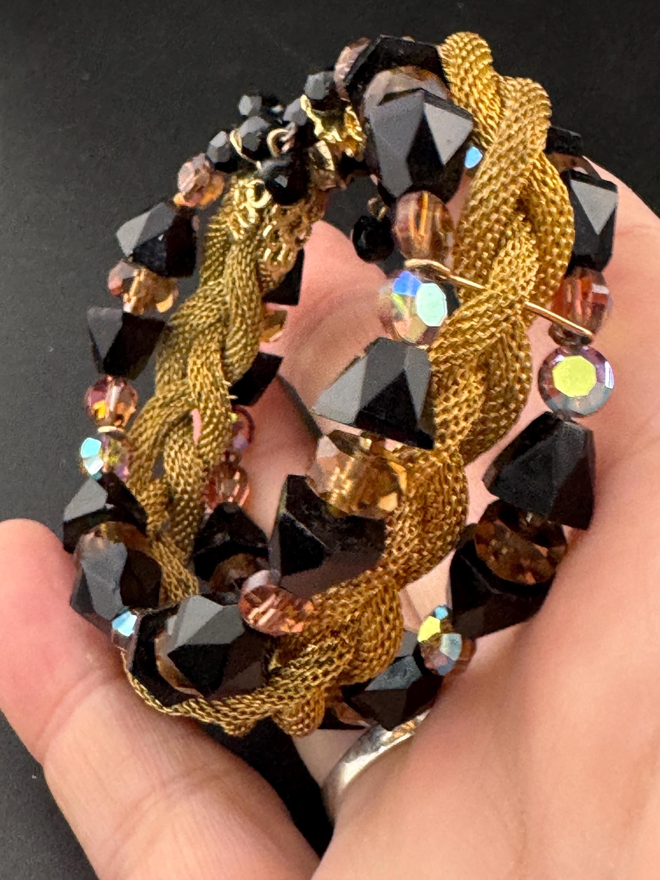 Vintage black and brown AB glass crystal rhinestone wide Gold Tone mesh cocktail tassel bracelet