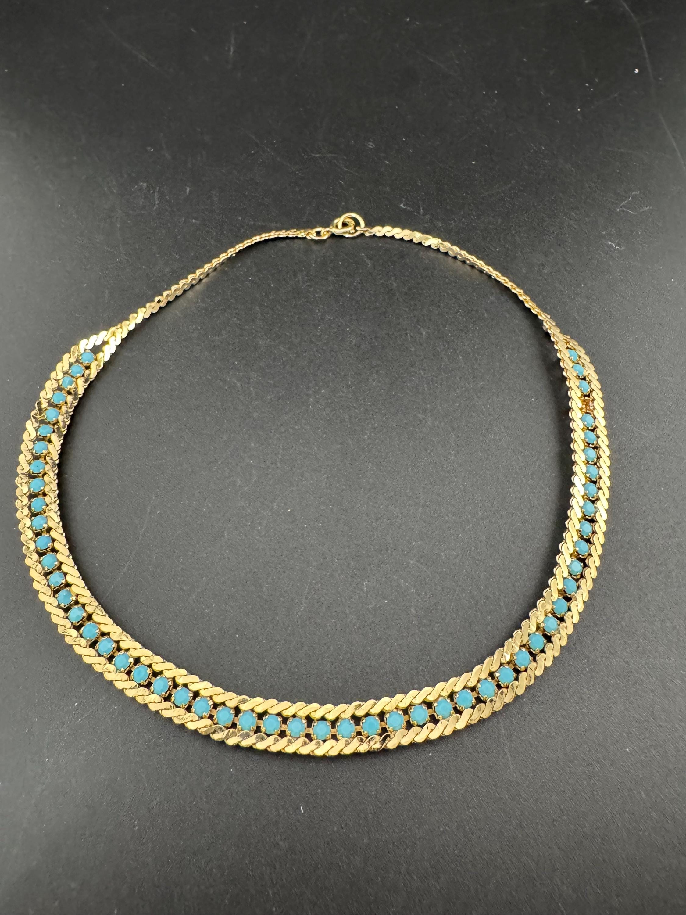 Vintage 1960s Gold Plated Serpentine Necklace: Turquoise Rhinestones