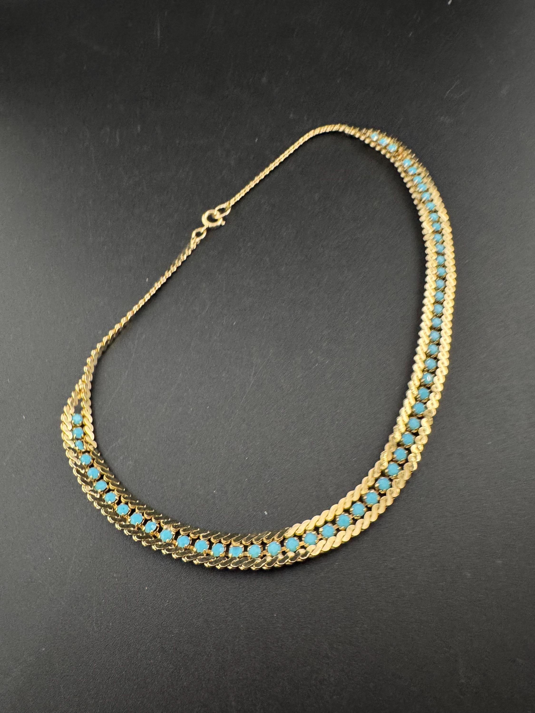 Vintage 1960s Gold Plated Serpentine Necklace: Turquoise Rhinestones