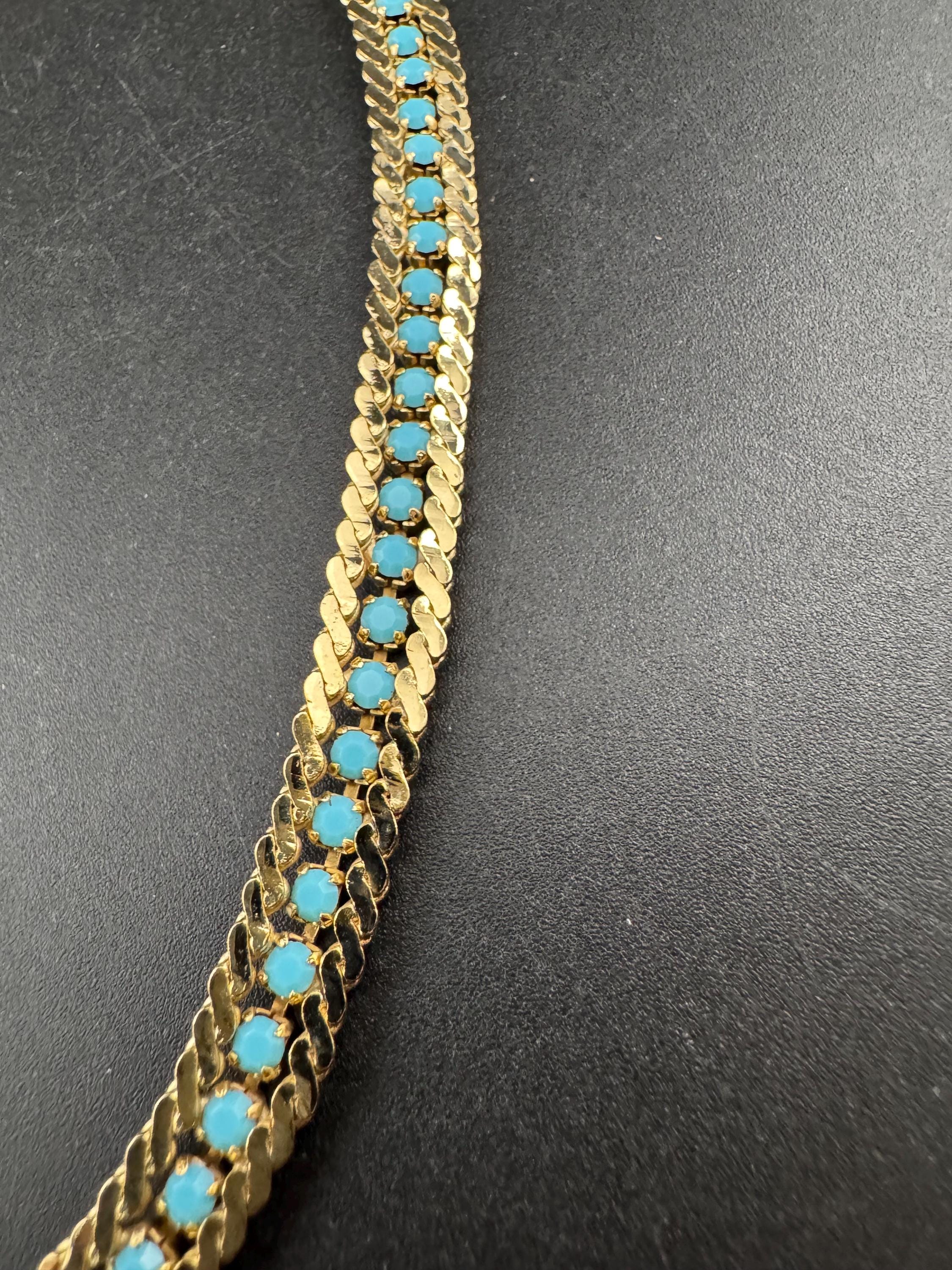 Vintage 1960s Gold Plated Serpentine Necklace: Turquoise Rhinestones