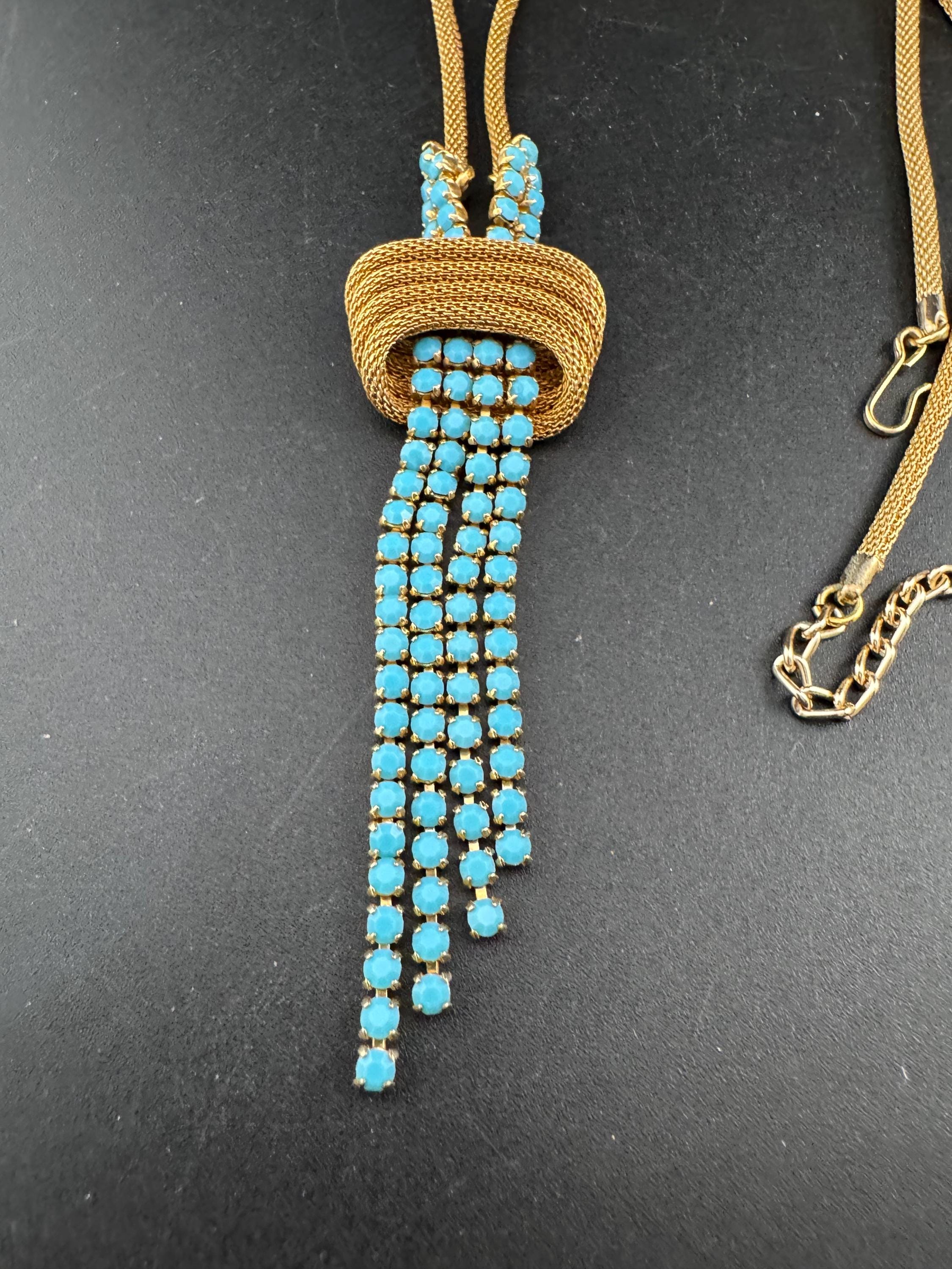 Vintage 1960s 1970s gold tone mesh lariat drop knot necklace with turquoise glass paste stones adj to 52cm long plus drop