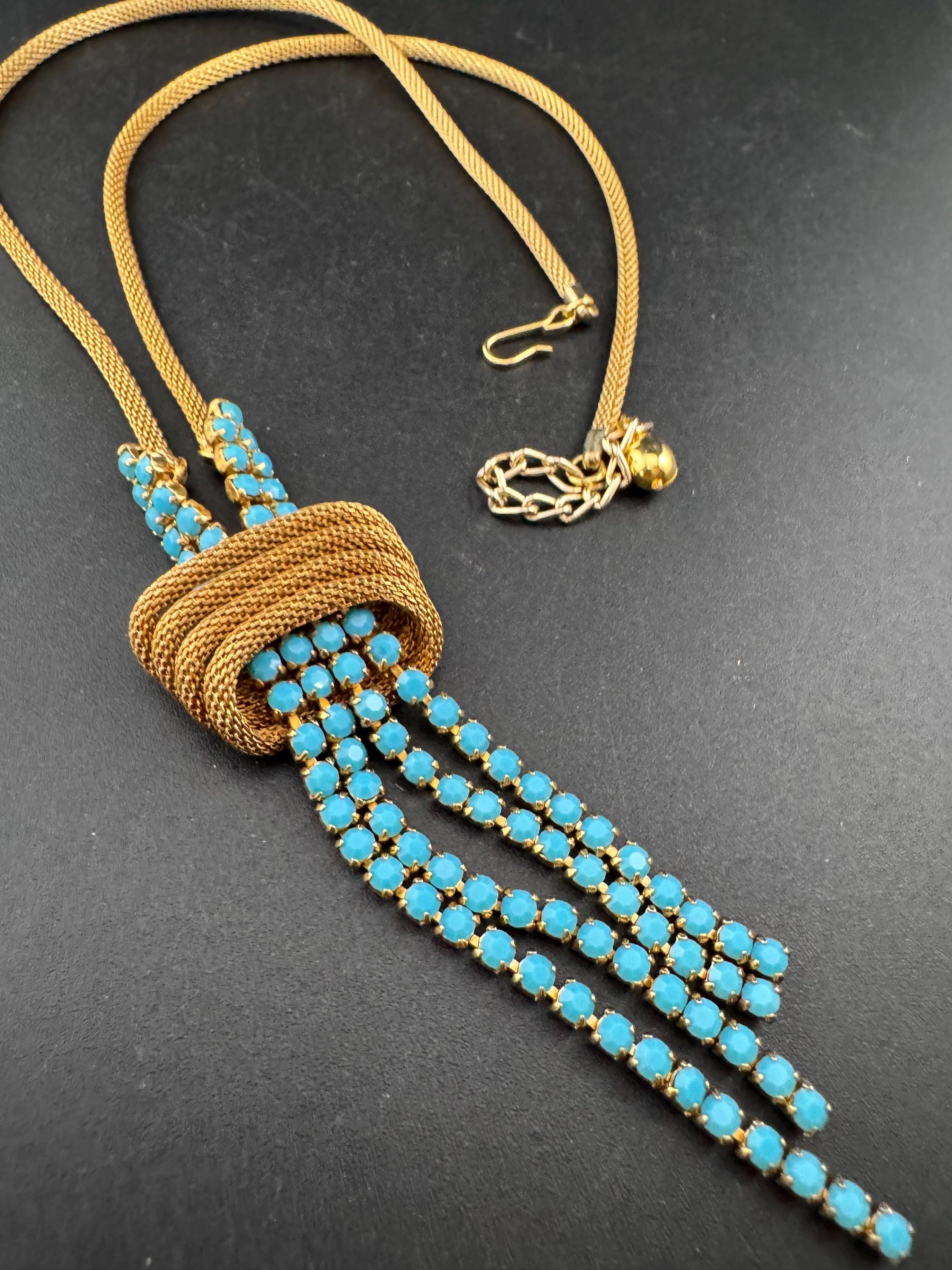 Vintage 1960s 1970s gold tone mesh lariat drop knot necklace with turquoise glass paste stones adj to 52cm long plus drop