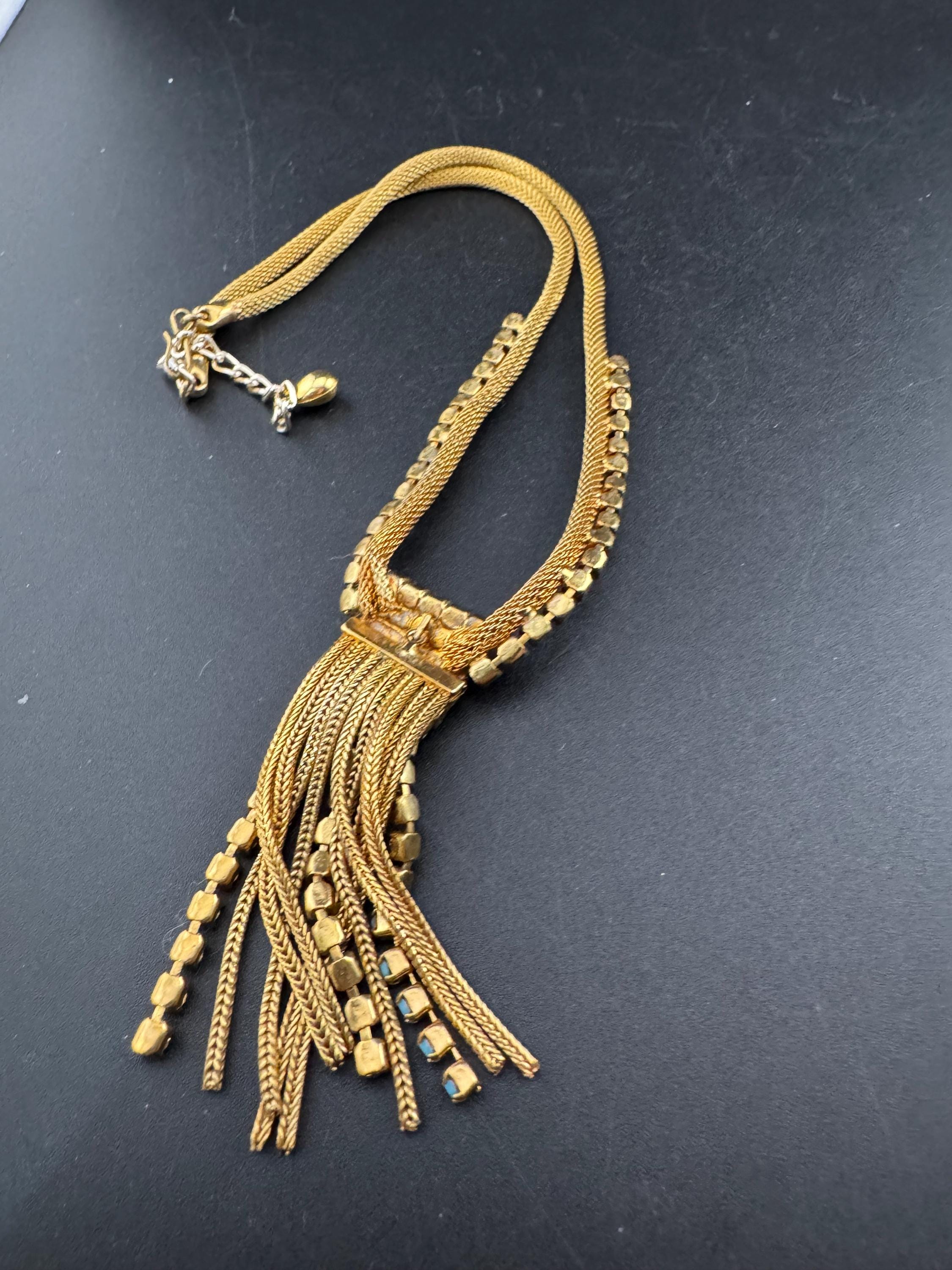 Vintage 1960s 1970s gold tone mesh lariat drop waterfall necklace with turquoise glass paste stones adj to 50cm long plus drop