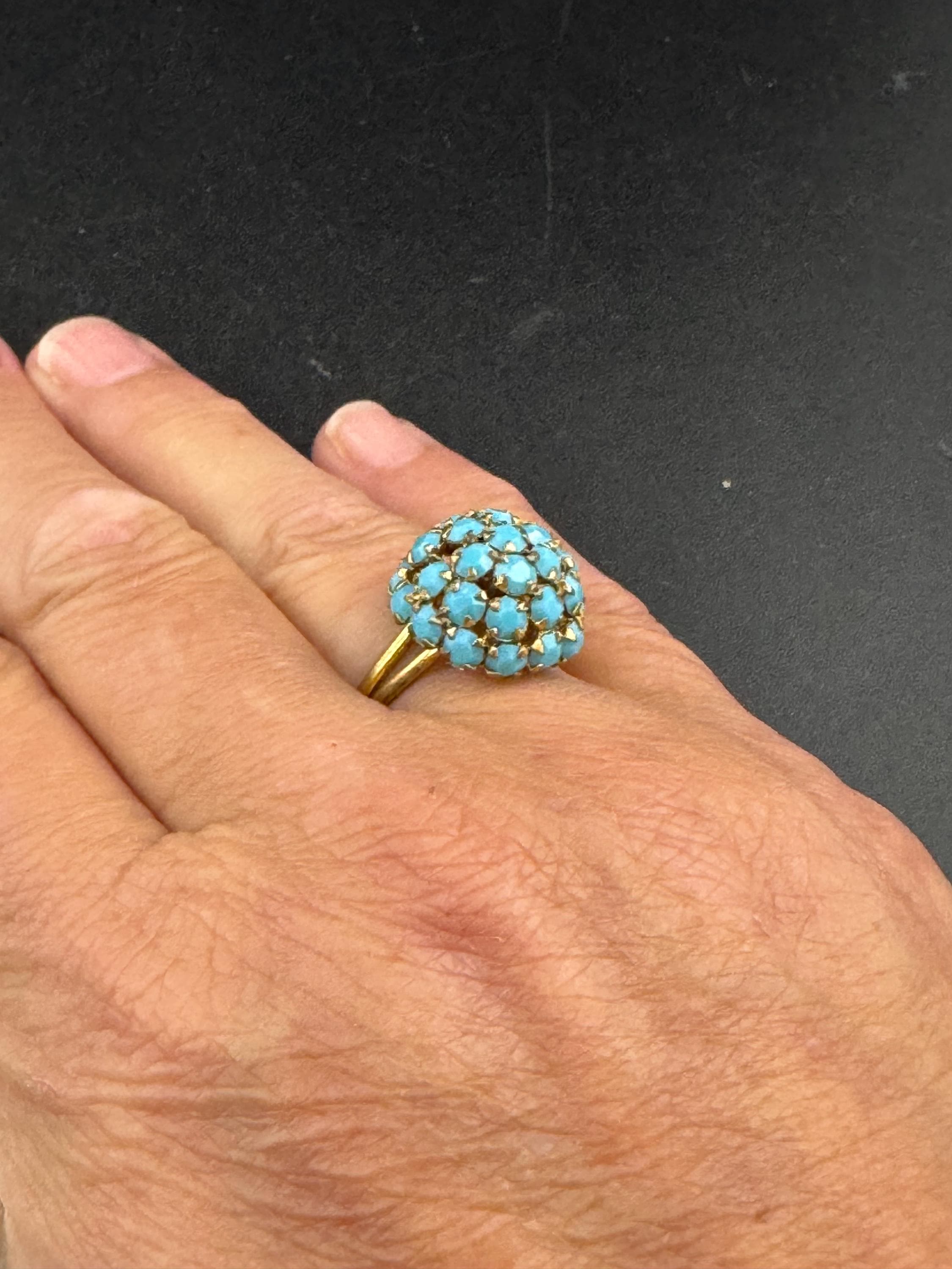 Vintage adjustable gold tone metal turquoise glass rhinestone domed dress cocktail ring