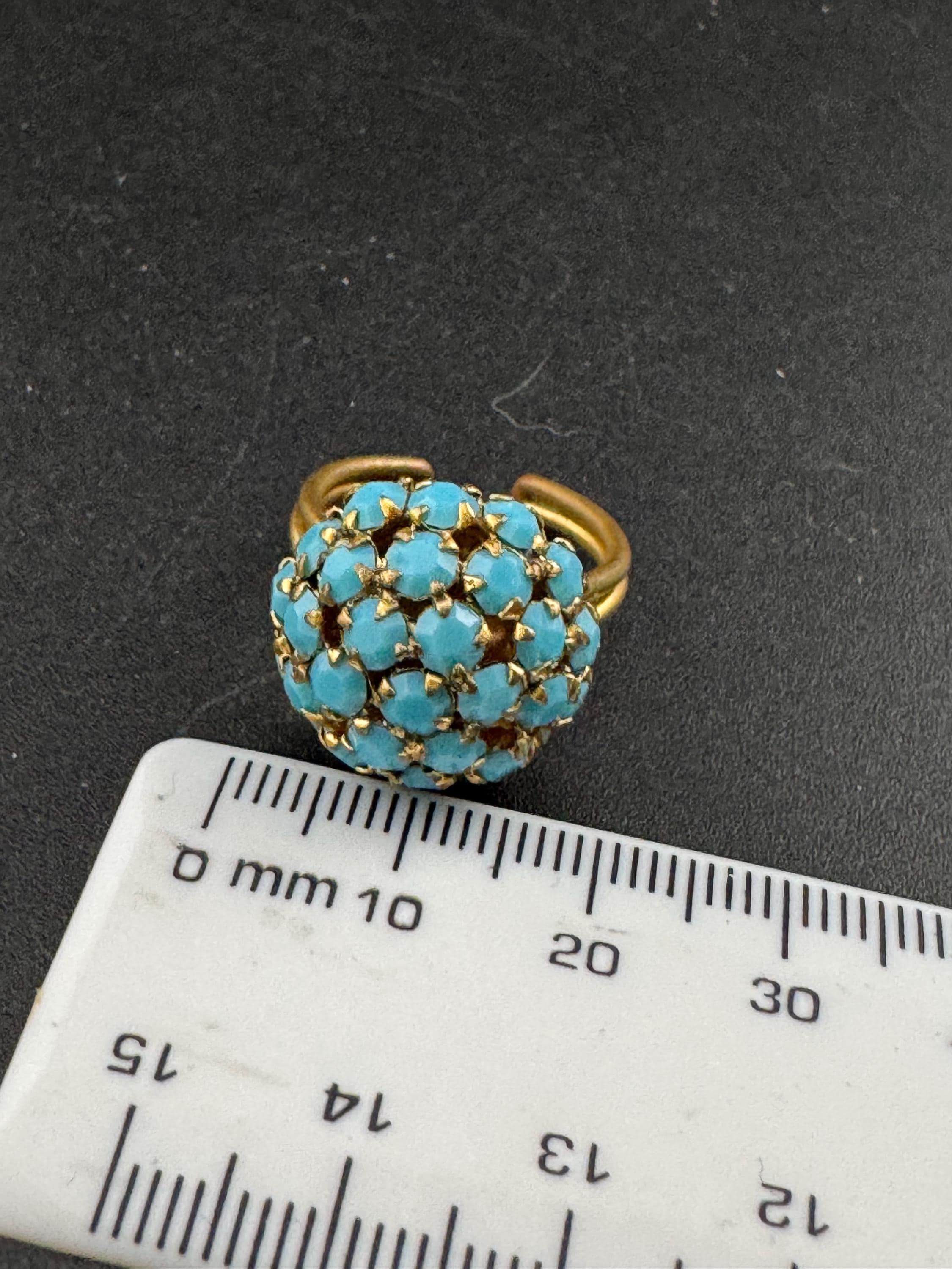 Vintage adjustable gold tone metal turquoise glass rhinestone domed dress cocktail ring