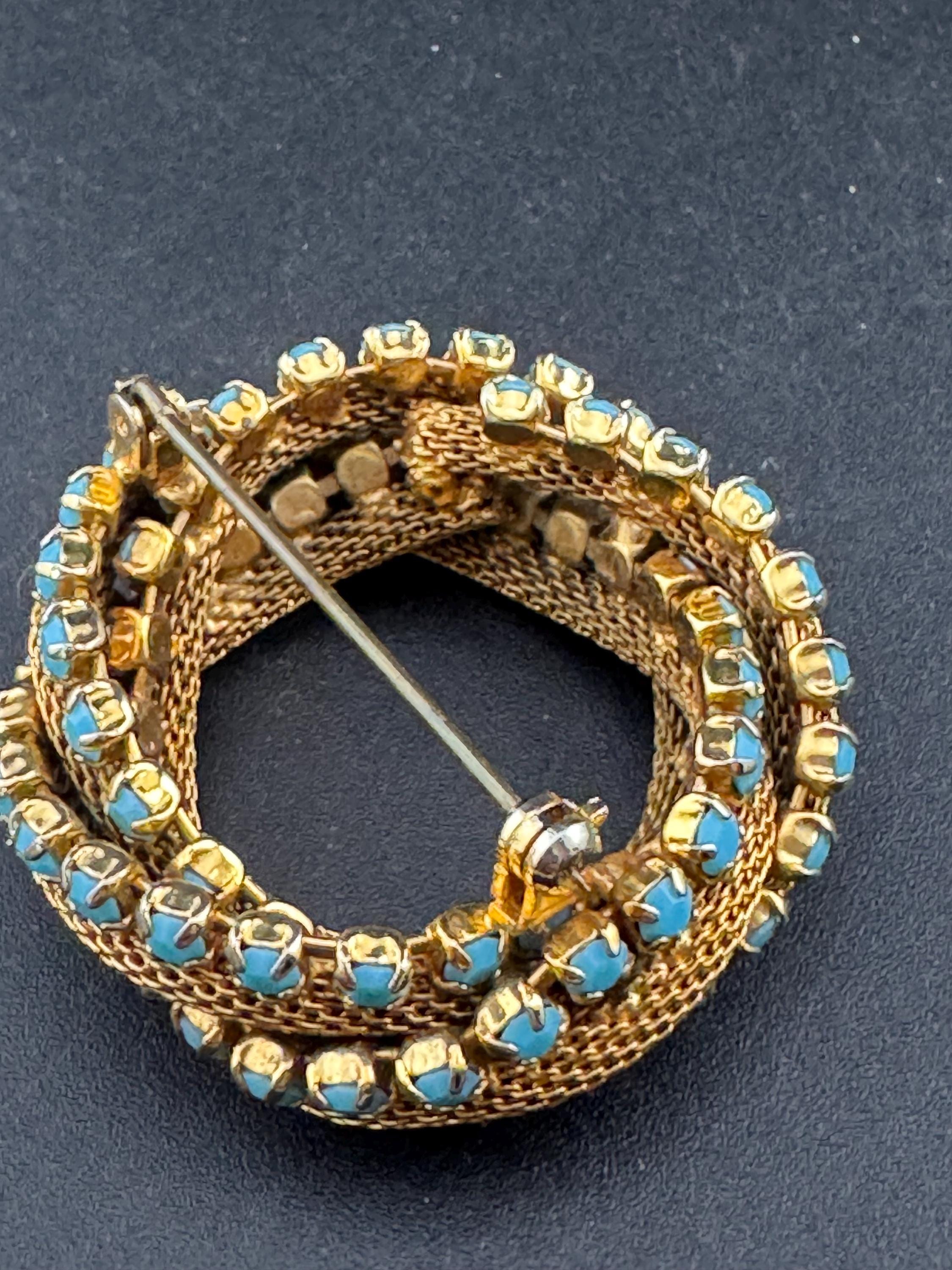 vintage modernist mid century gold plated mesh turquoise rhinestone abstract swirl round knot brooch 4cm 1960s