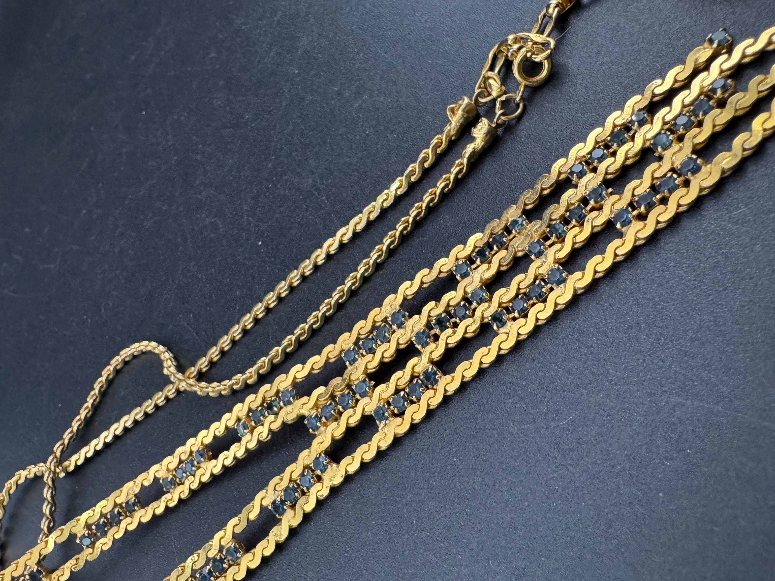 Vintage 1960s 1970s gold tone mesh lariat drop knot necklace with sapphire blue glass paste stones adj to 54cm