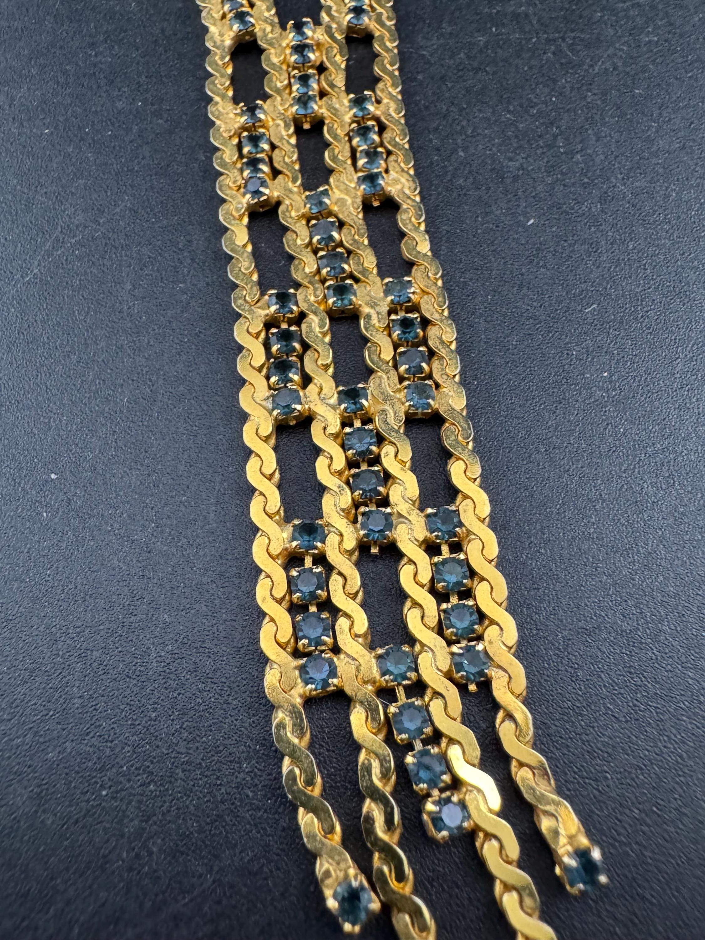 Vintage 1960s 1970s gold tone mesh lariat drop knot necklace with sapphire blue glass paste stones adj to 54cm