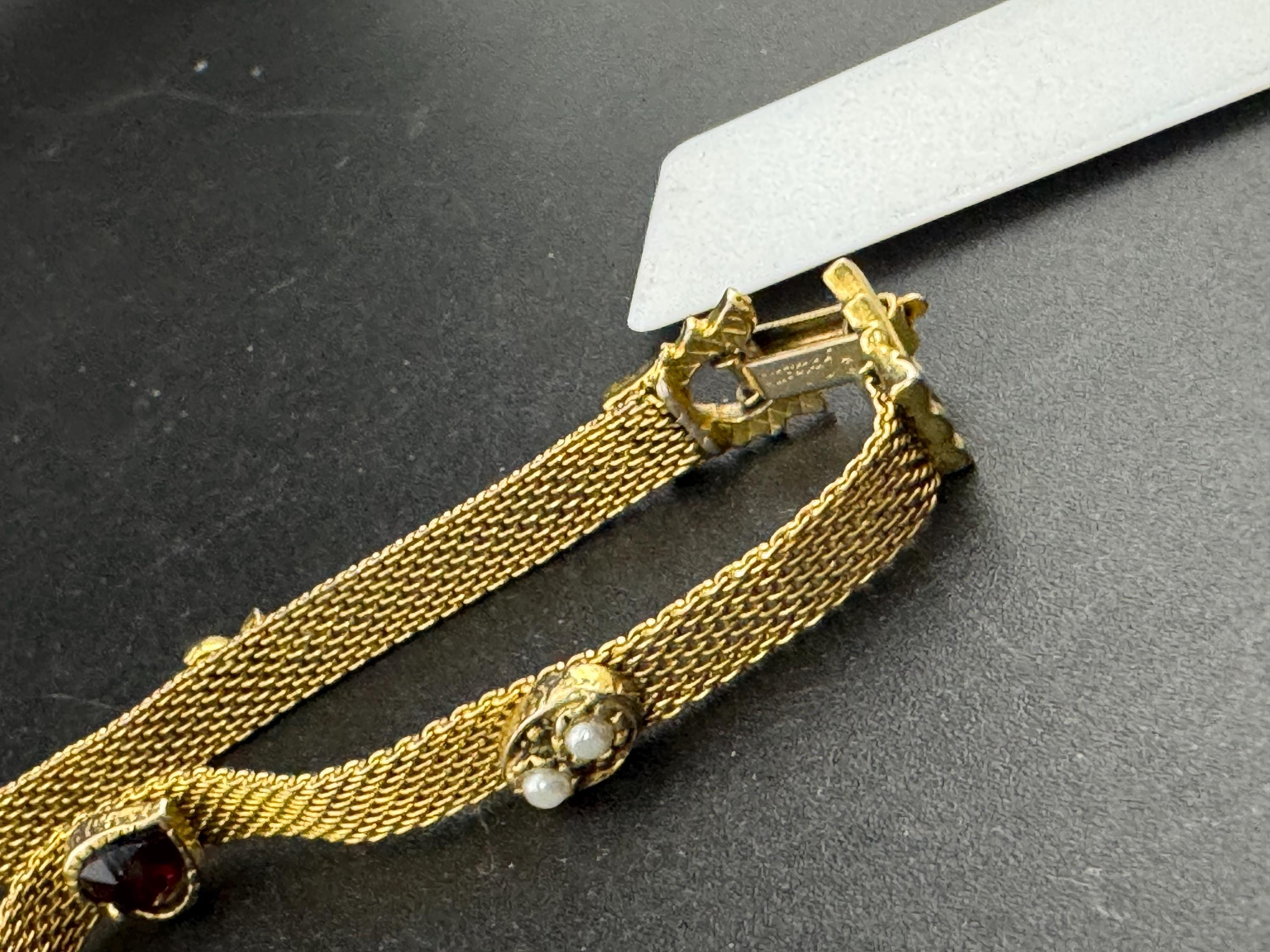 signed goldette Vintage Gold Tone mesh bracelet set with turquoise beads, snake, seed pearls and red heart rhinestone