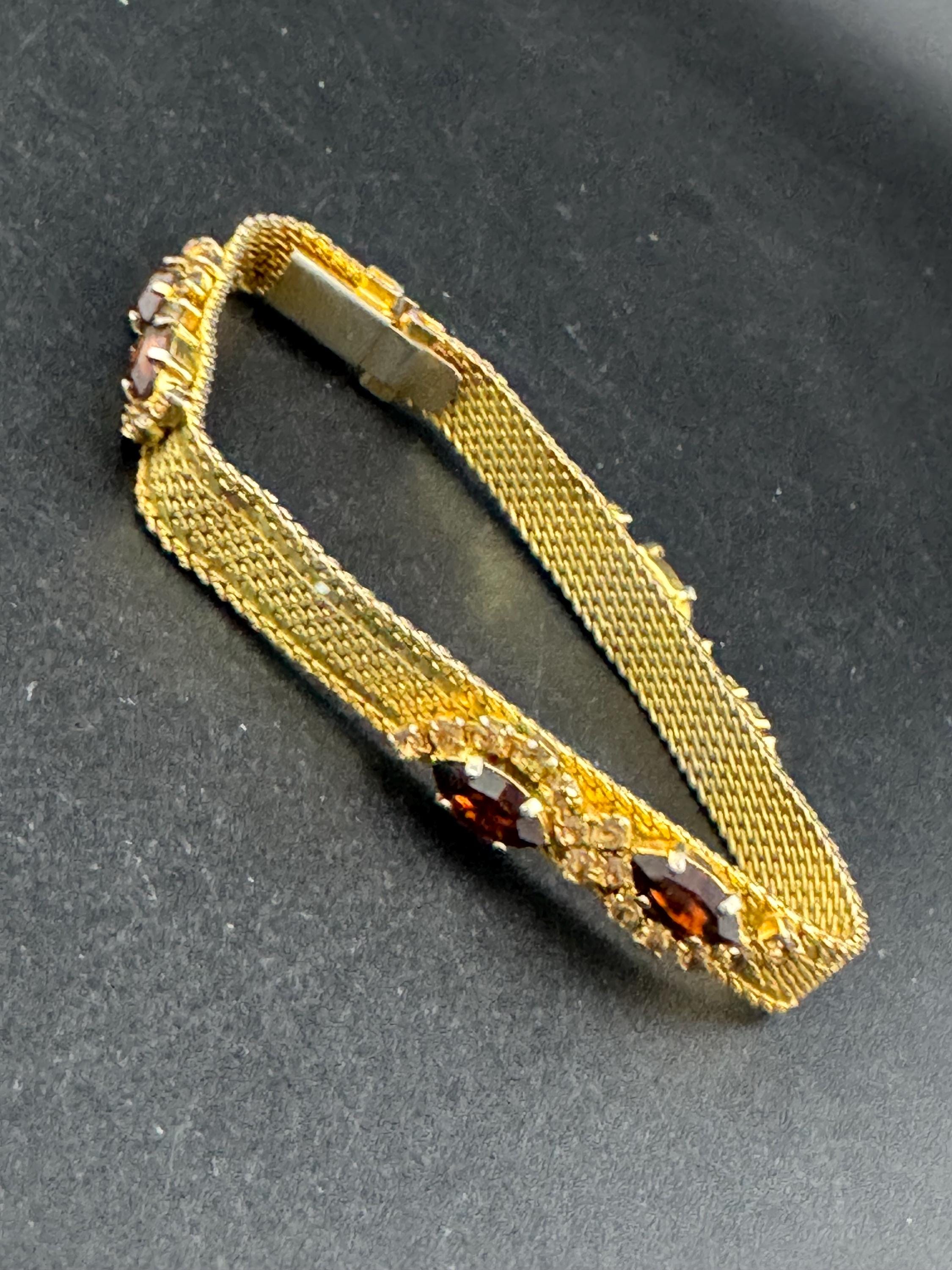 Vintage Rhinestone Cocktail Bracelet: Cognac Paste Glass Cabochon, Gold Tone Mesh, 1960s Hollywood Glamour