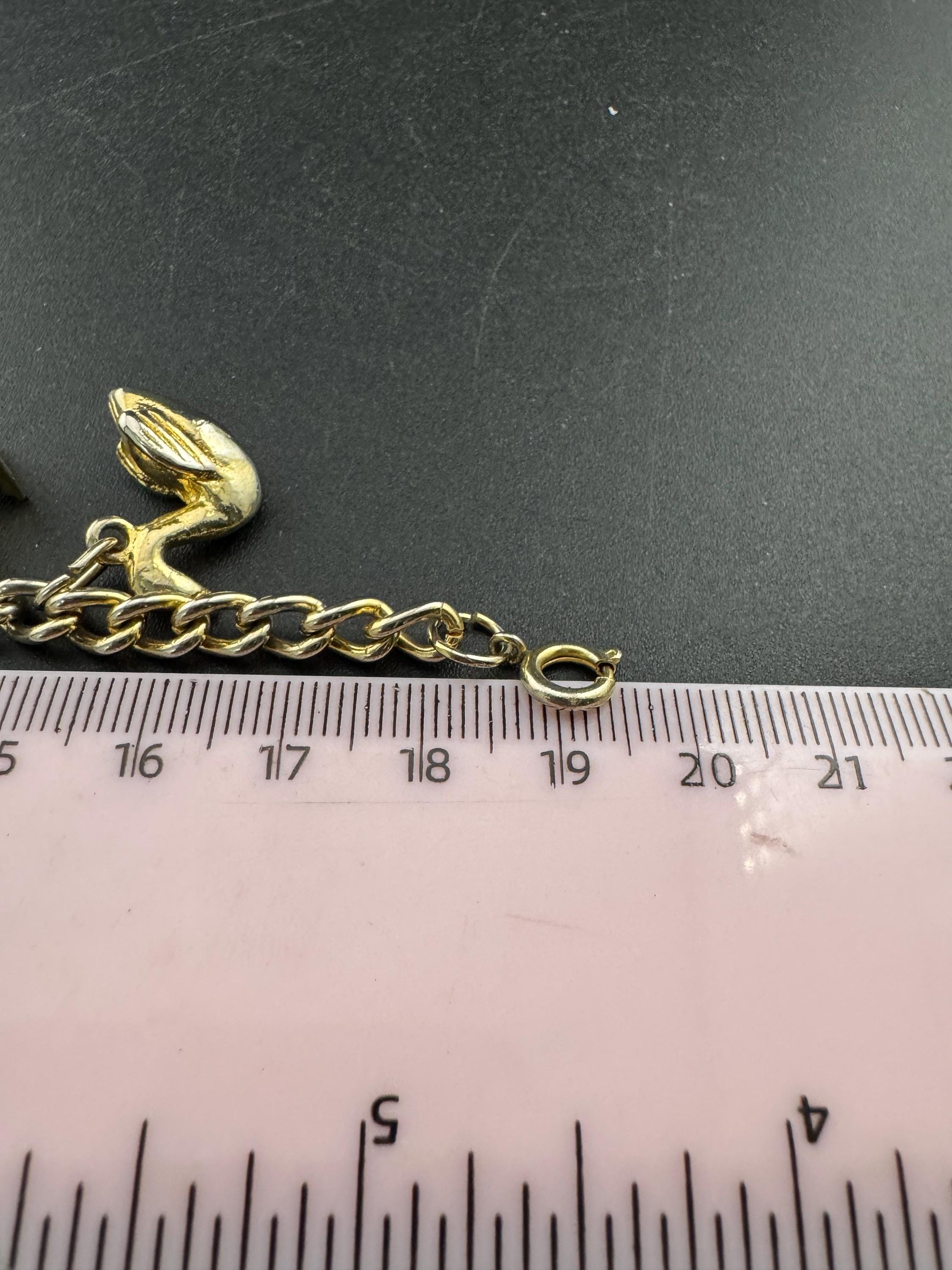 Vintage retro Gold tone chain link charm bracelet windmill seahorse lamp boat lantern telephone 19cm long