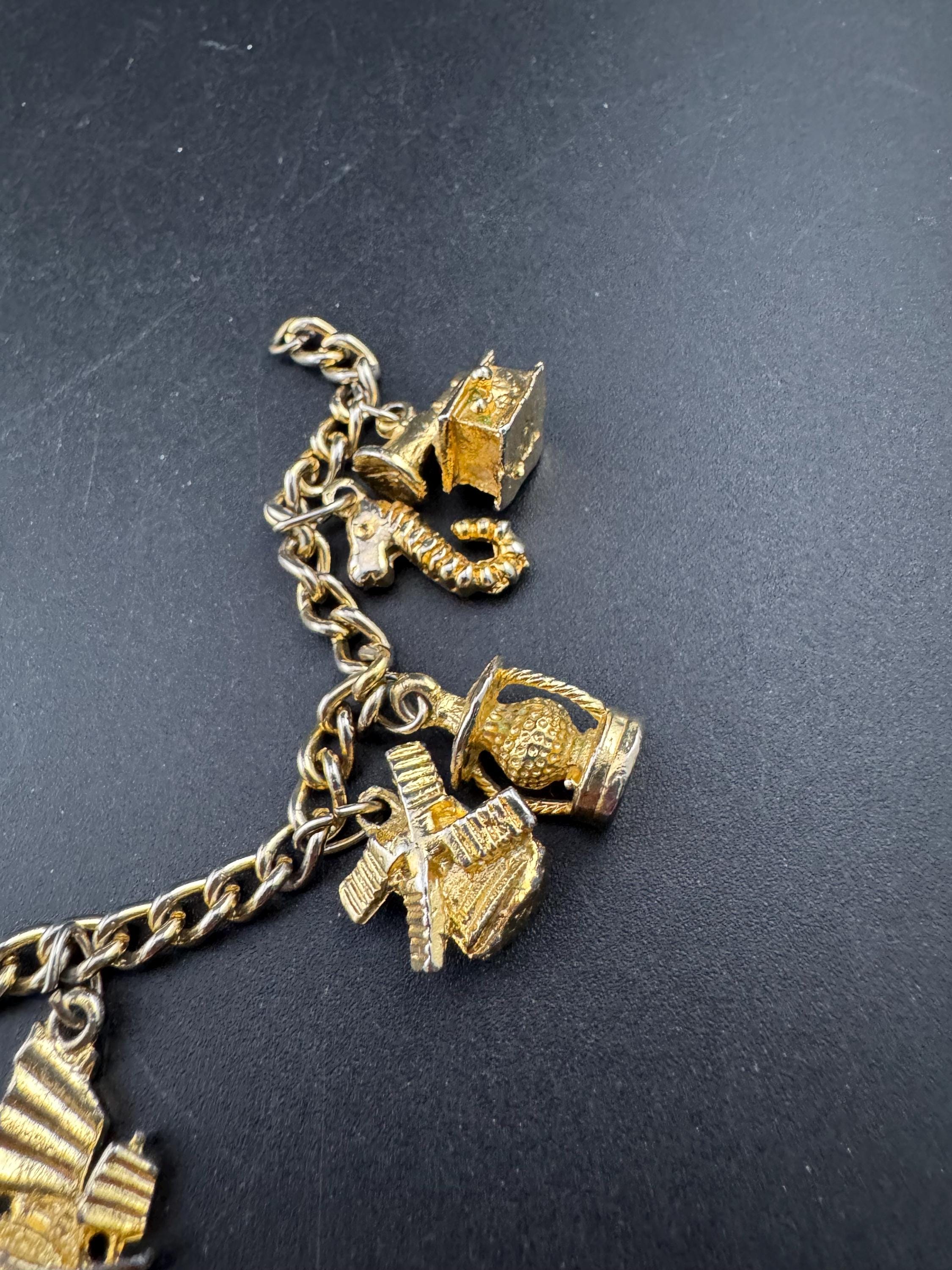 Vintage retro Gold tone chain link charm bracelet windmill seahorse lamp boat lantern telephone 19cm long