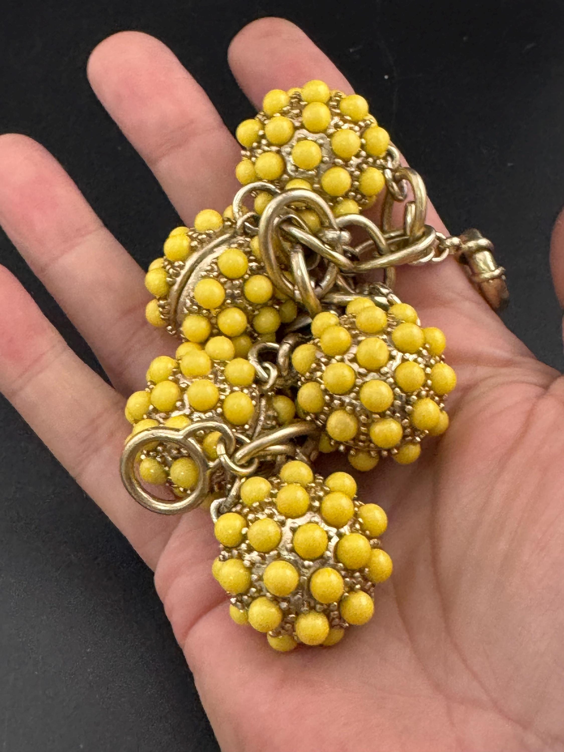 Huge Vintage Gold tone chain link very chunky 3cm yellow beaded orb charm bracelet 1960s 1950s 19cm