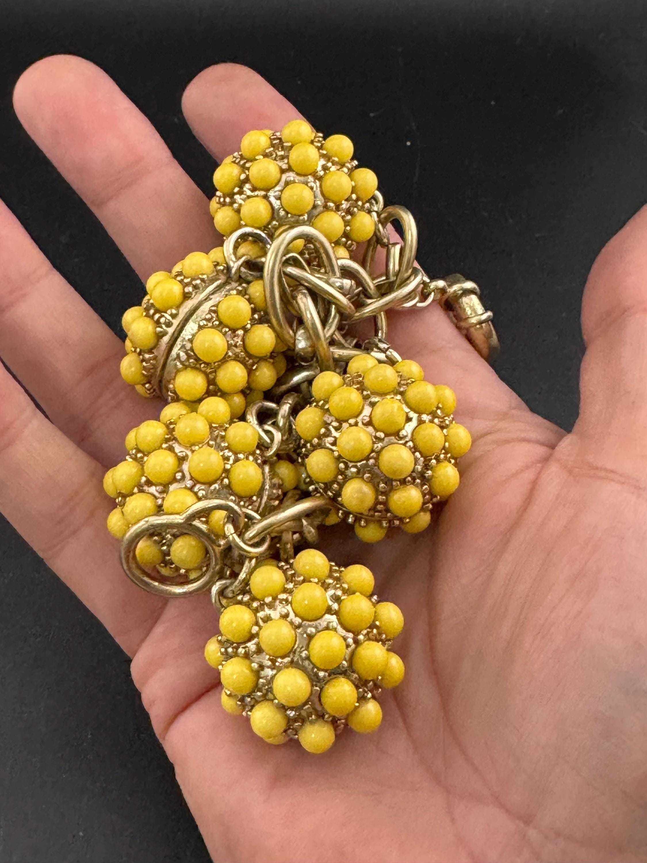 Huge Vintage Gold tone chain link very chunky 3cm yellow beaded orb charm bracelet 1960s 1950s 19cm
