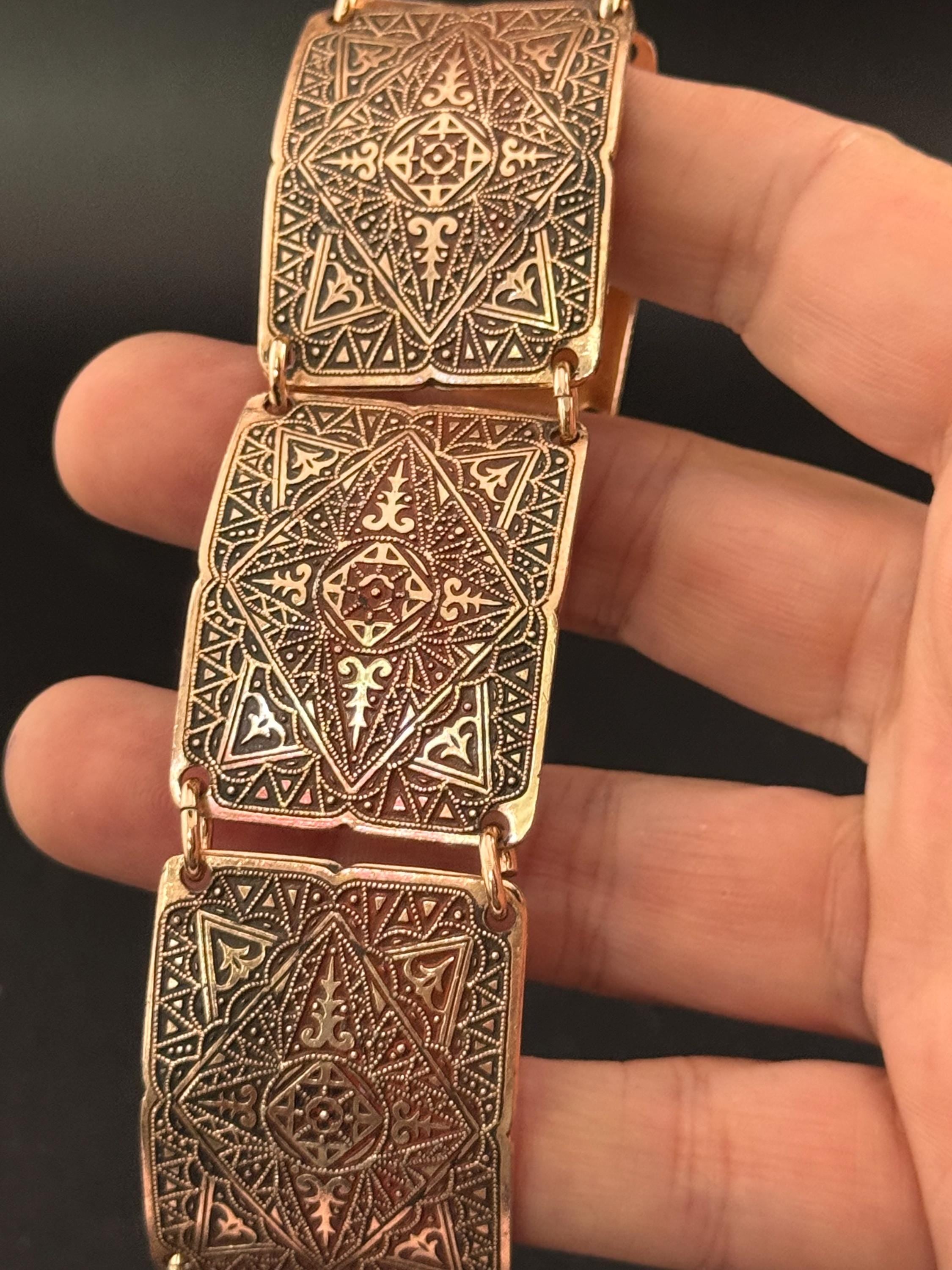 Vintage Eloxal Aluminum Panel Bracelet: Copper, Red & Gold Eastern Print