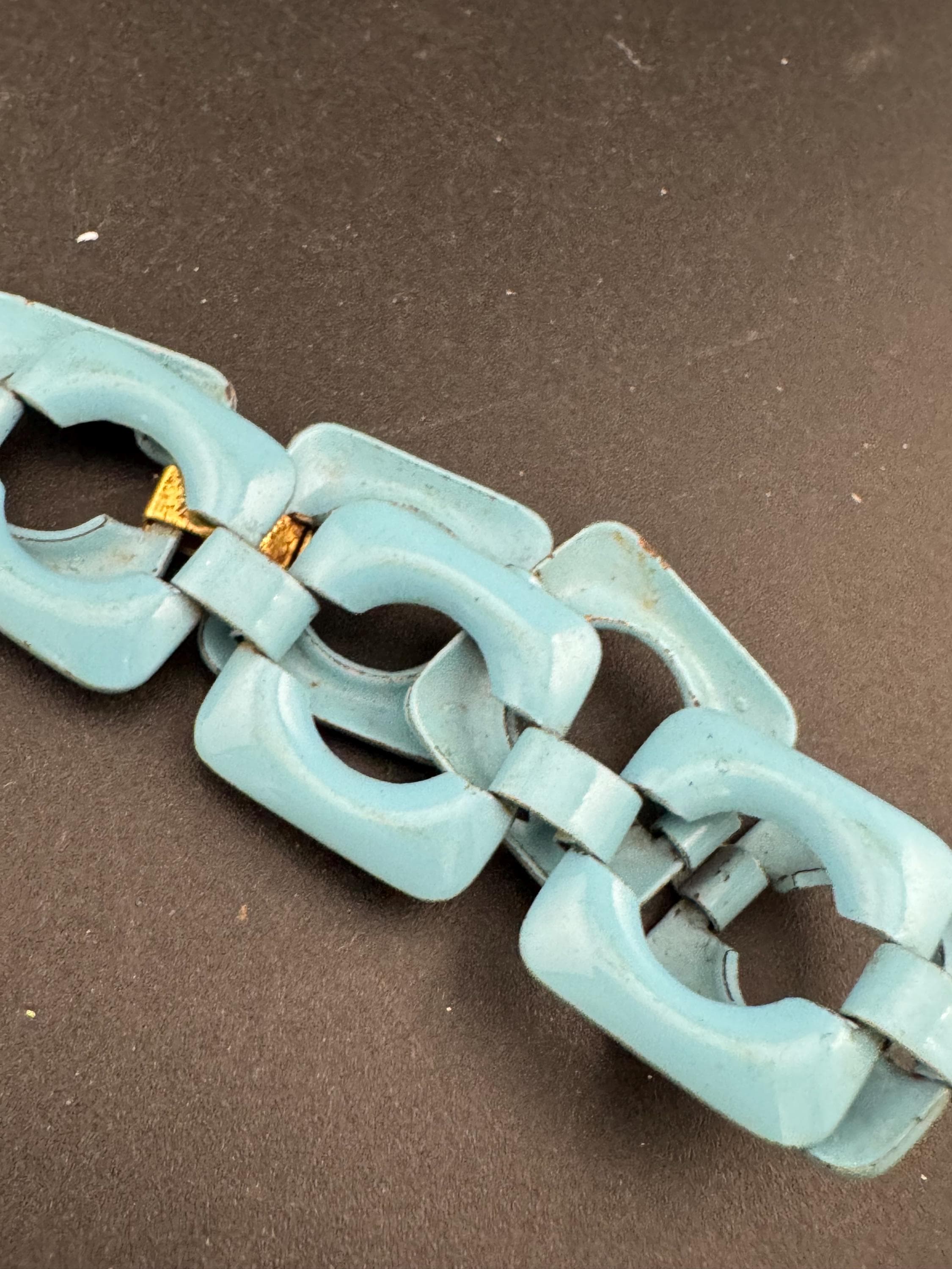 Vintage turquoise blue enamel chain link statement bracelet gold tone modernist nautical summer