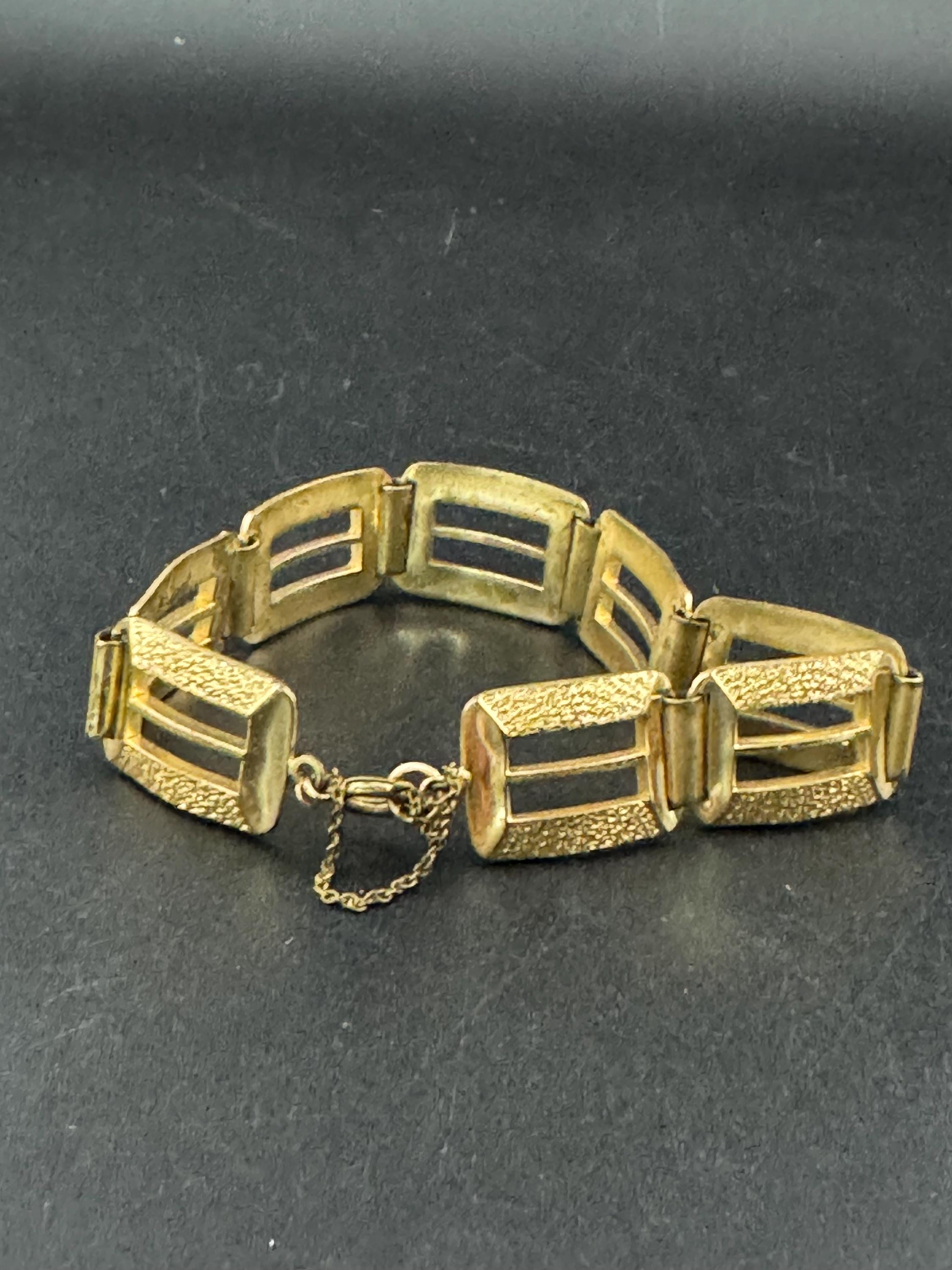 Antique 1930s modernist Rolled gold brutalist textured panel link bracelet 19cm x 16mm