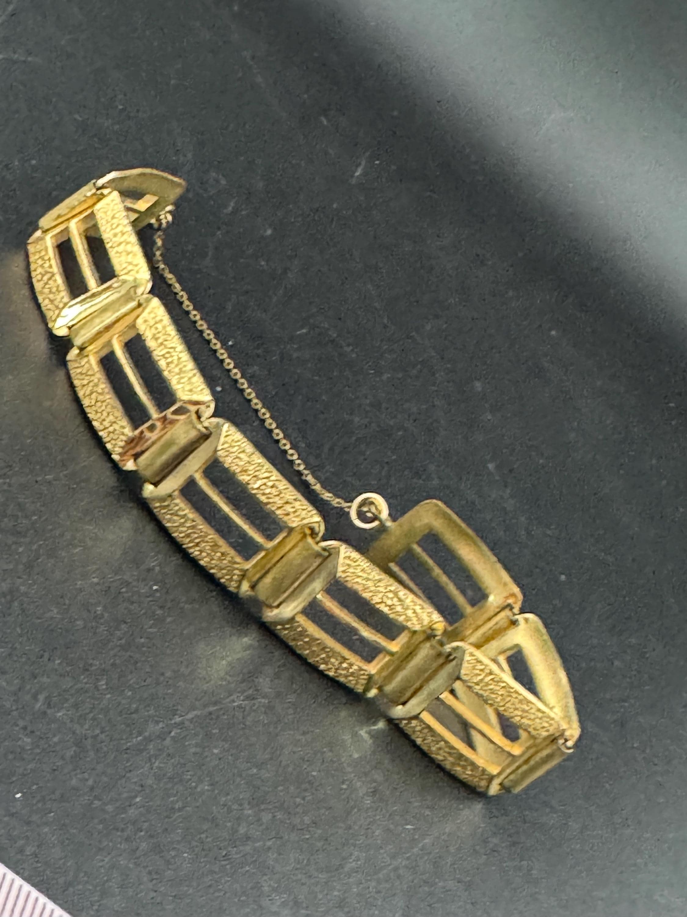 Antique 1930s modernist Rolled gold brutalist textured panel link bracelet 19cm x 16mm
