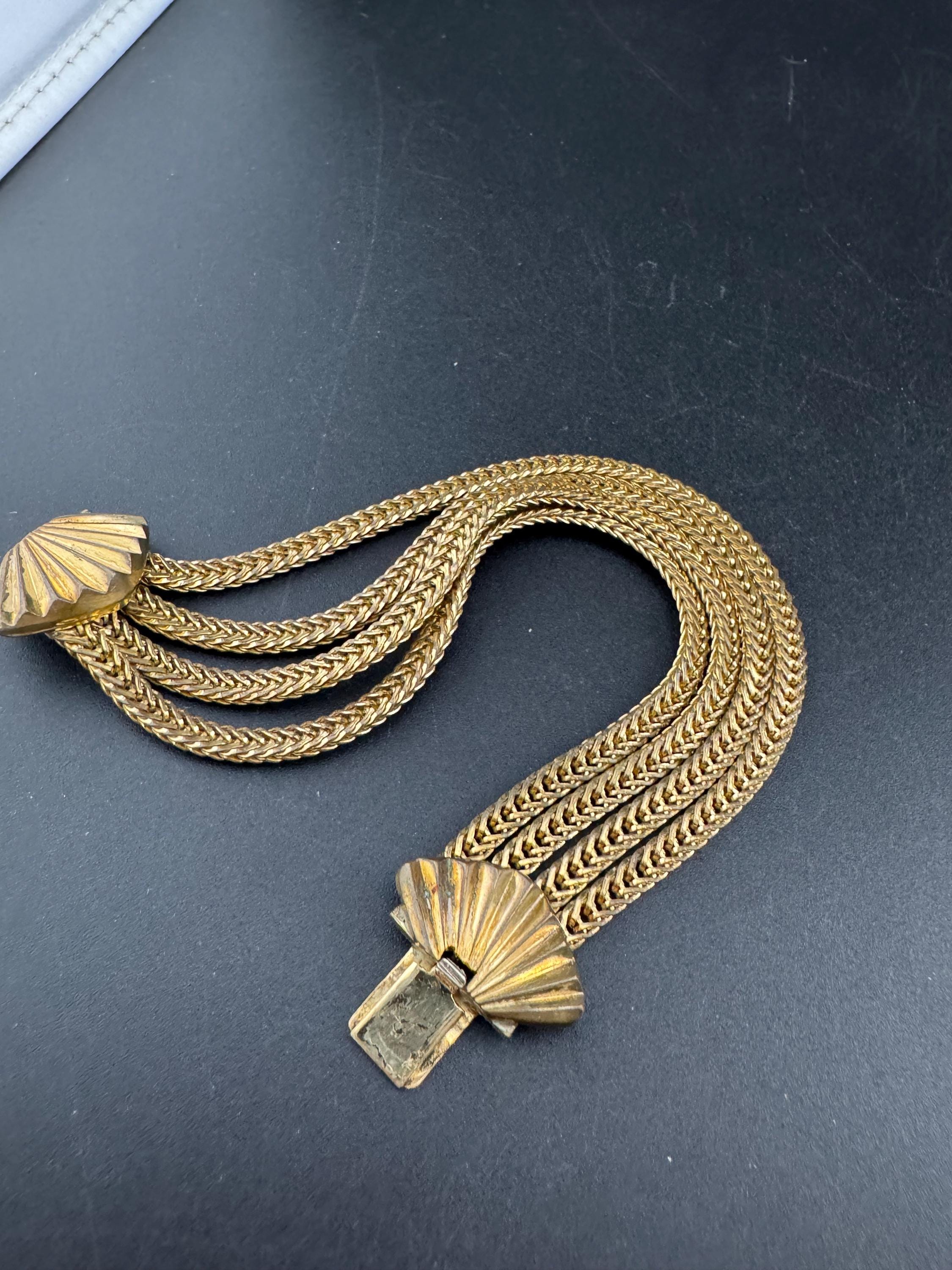 Art deco 1920s antique gold brass metal Multistrand geometric foxtail chain bracelet 19cm x 2.5cm