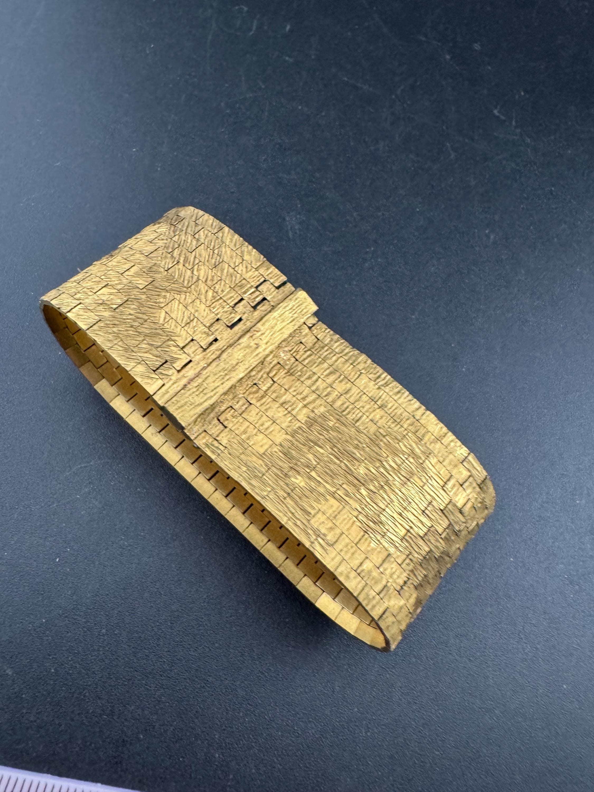 Vintage 1970s articulated flat gold plated textured wide cuff wrap bracelet 17.5cm x 2.75cm