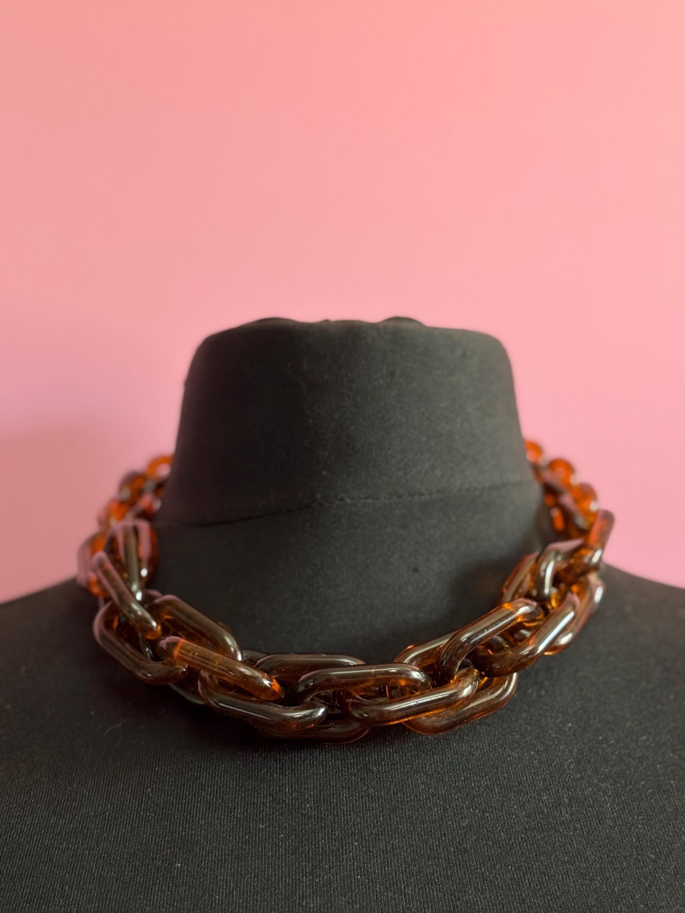 retro oversized brown faux tortoiseshell acrylic plastic chain link chunky necklace