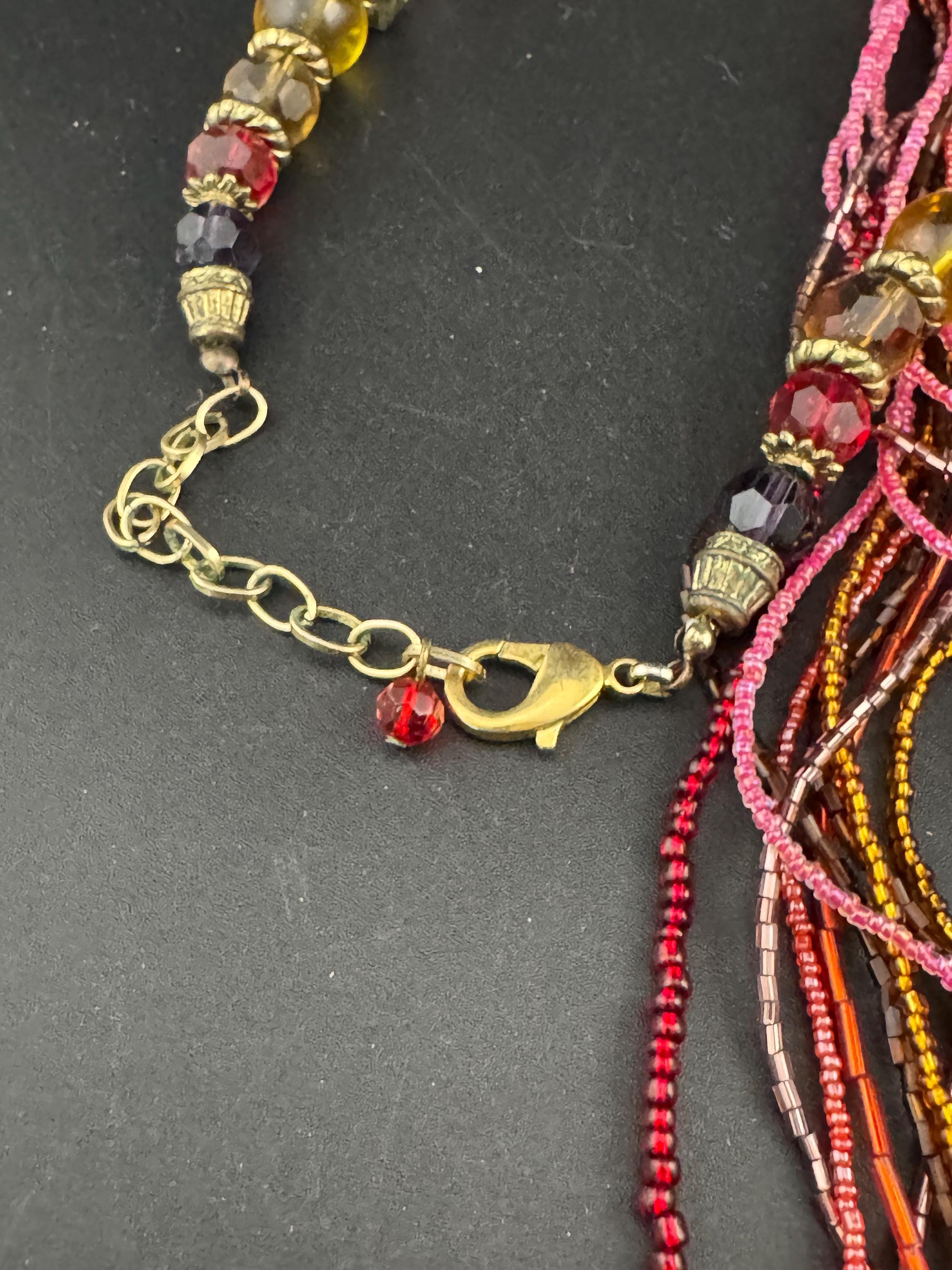 Vintage Pink & Red Seed Bead Waterfall Necklace: Chunky Glass Beads