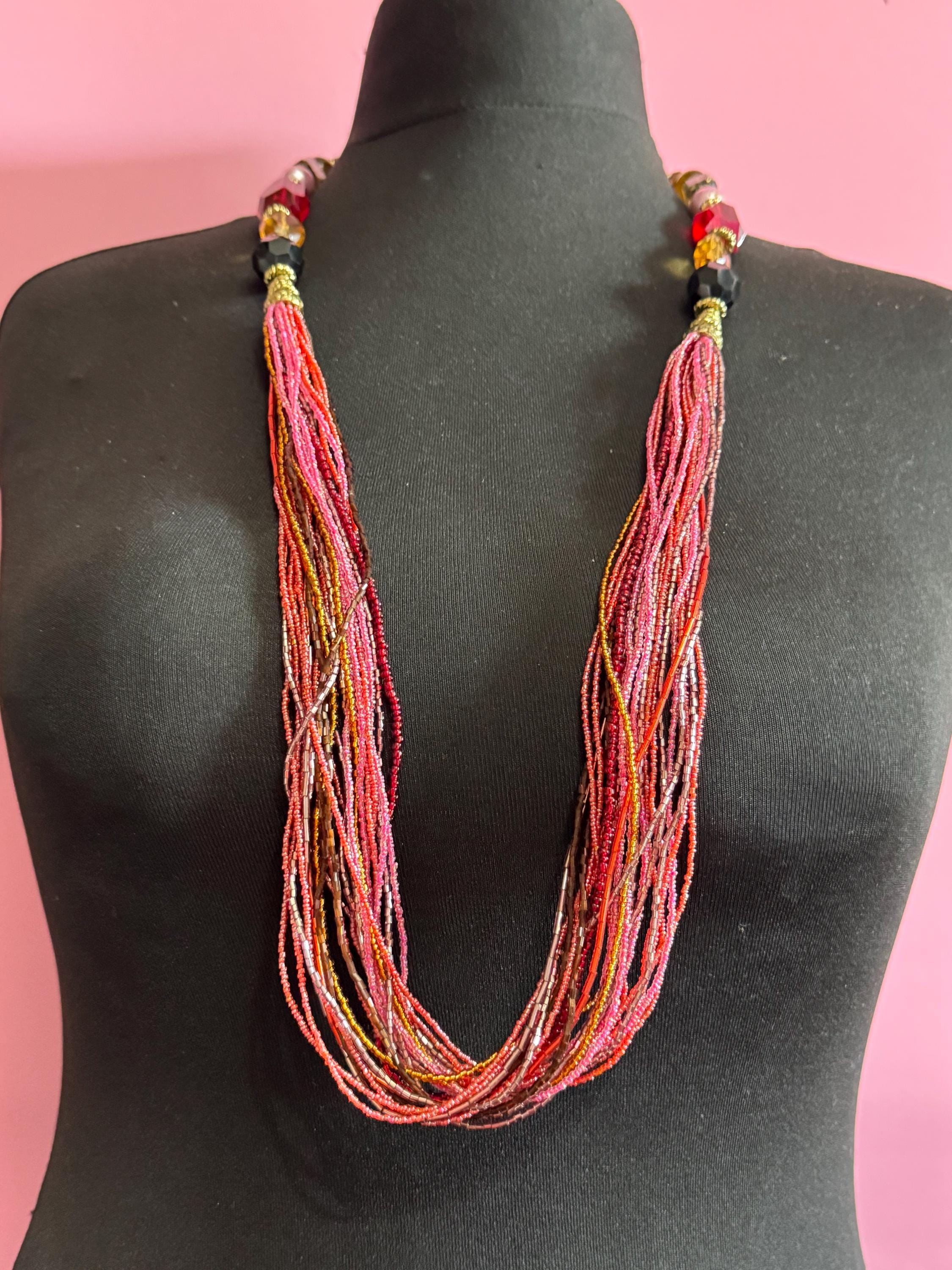 Vintage Pink & Red Seed Bead Waterfall Necklace: Chunky Glass Beads