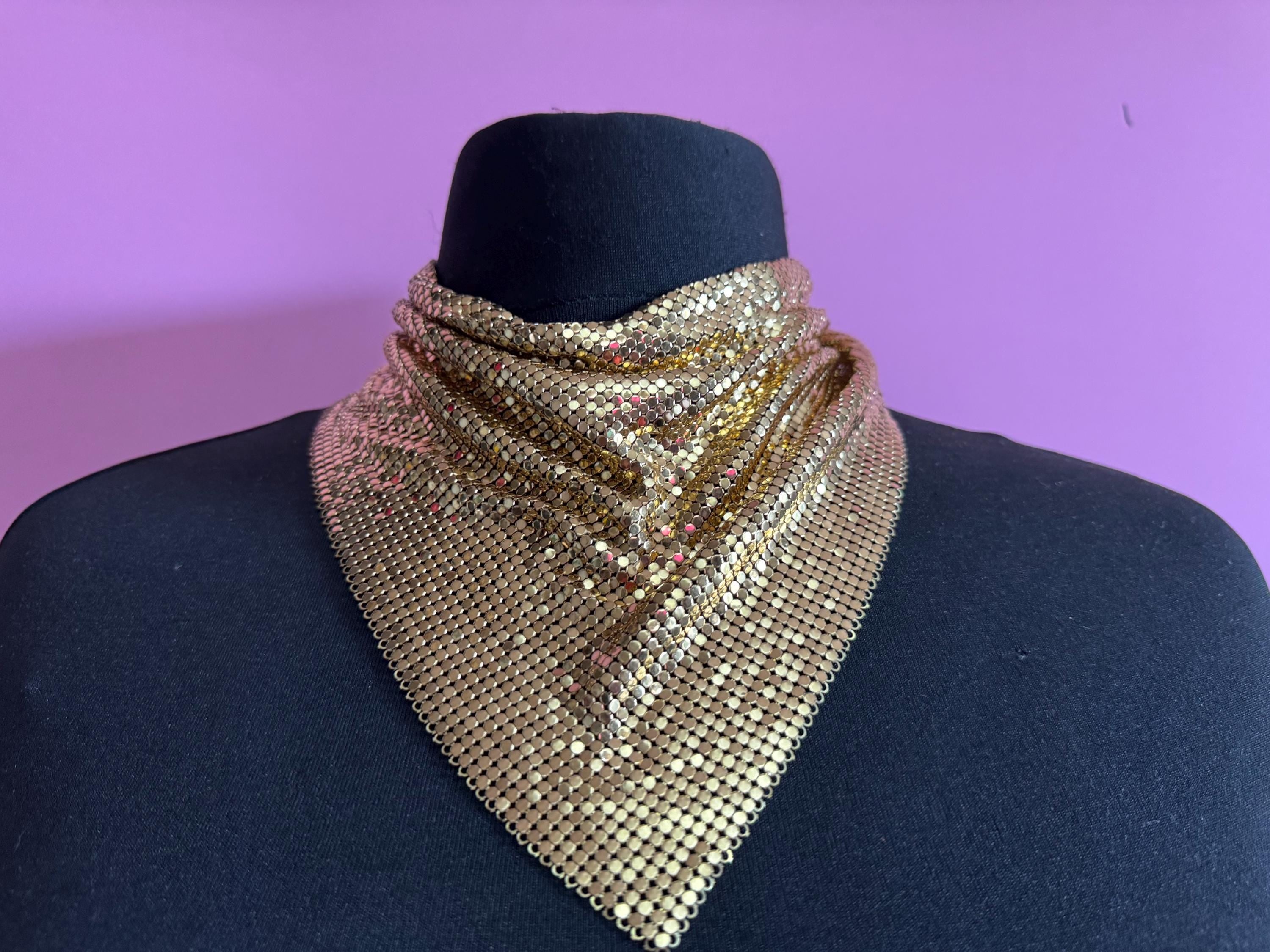 Vintage signed whiting and Davis gold mesh choker bib chainmail necklace