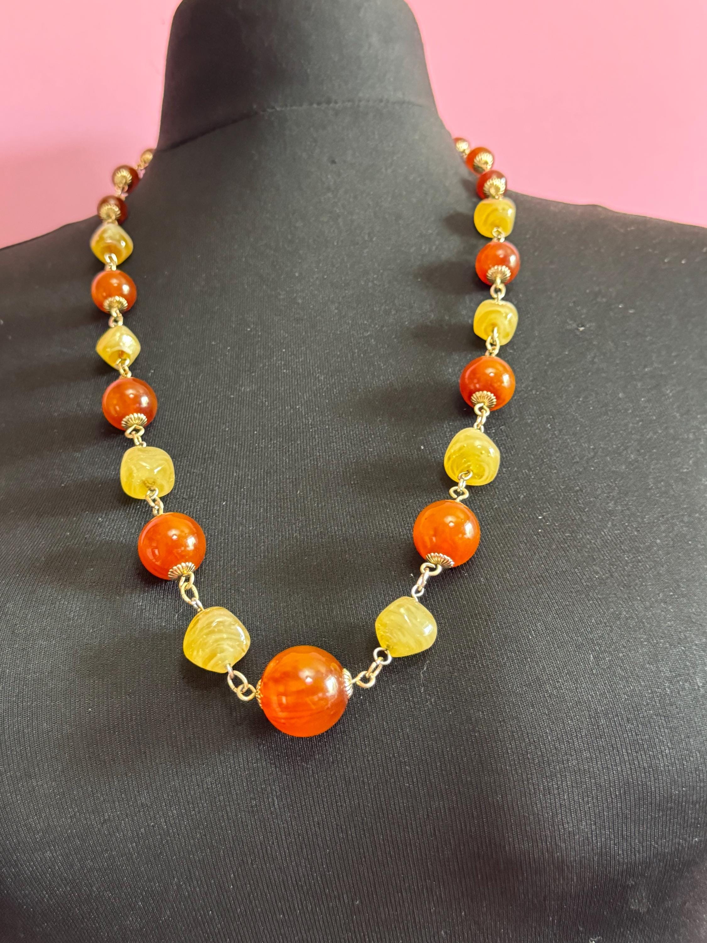 Stylish Oversized brown orange yellow tones glass and plastic beaded necklace 80cm, vintage