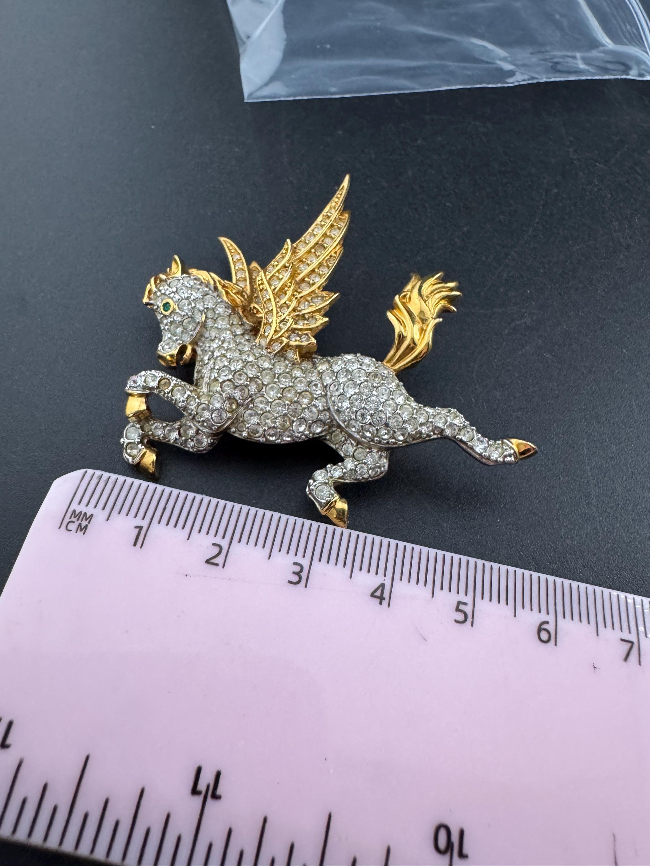 Vintage signed Swarovski mythical Pegasus Pin Brooch, Gold Plated with Clear Crystals