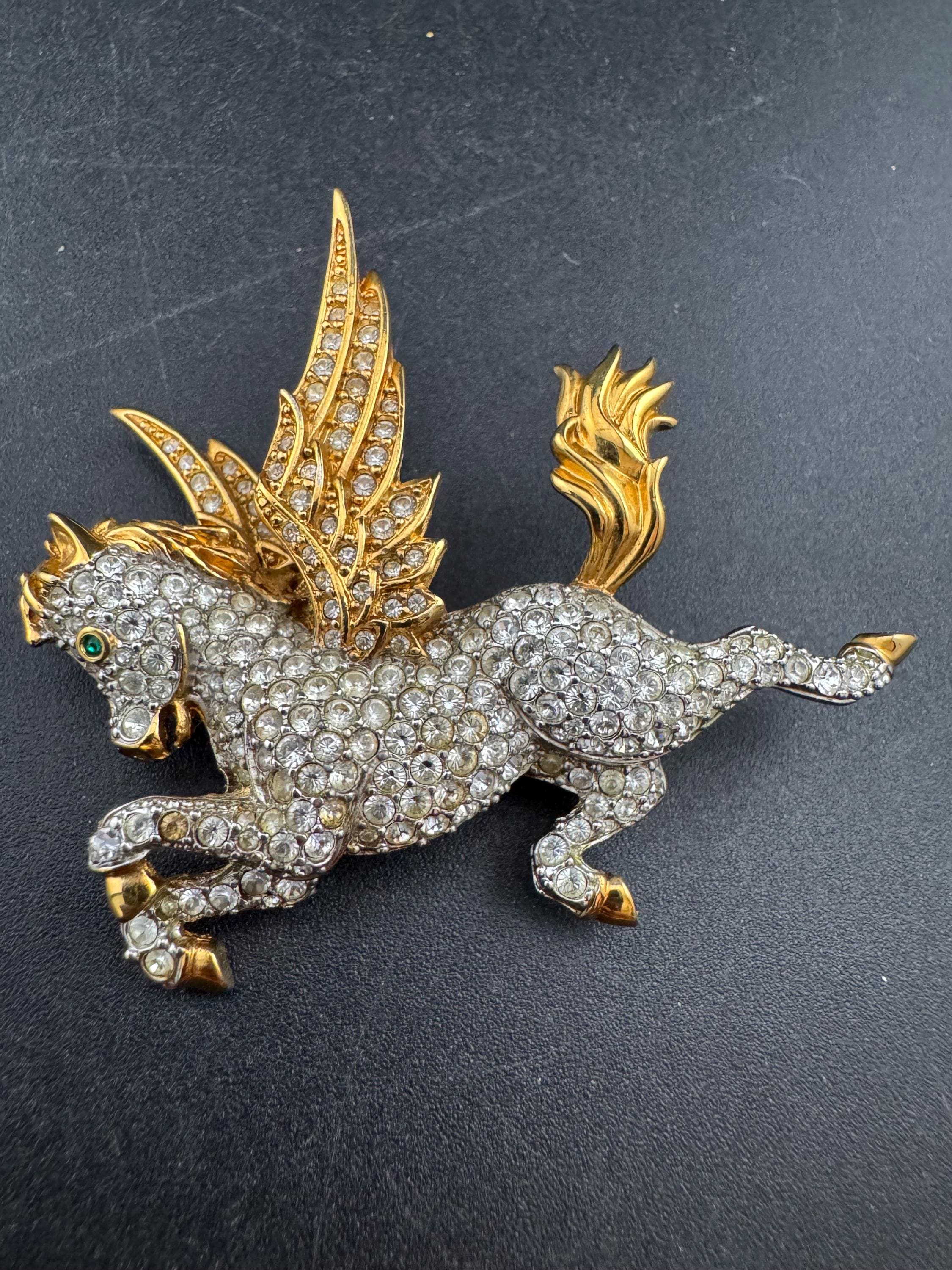 Vintage signed Swarovski mythical Pegasus Pin Brooch, Gold Plated with Clear Crystals
