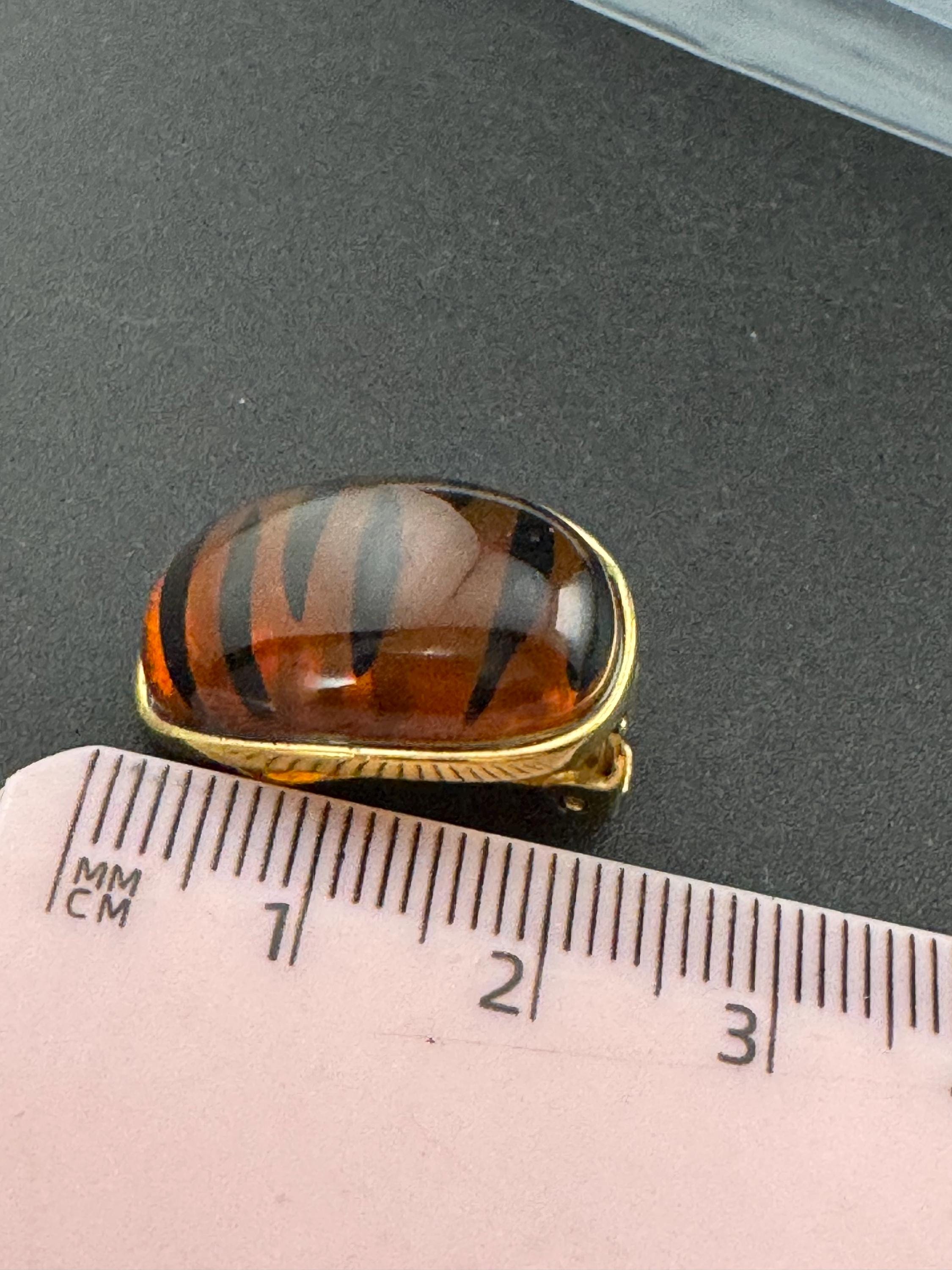 Retro pair brown black animal tiger print, gold tone 2.5cm acrylic stud clip on earrings, big cat
