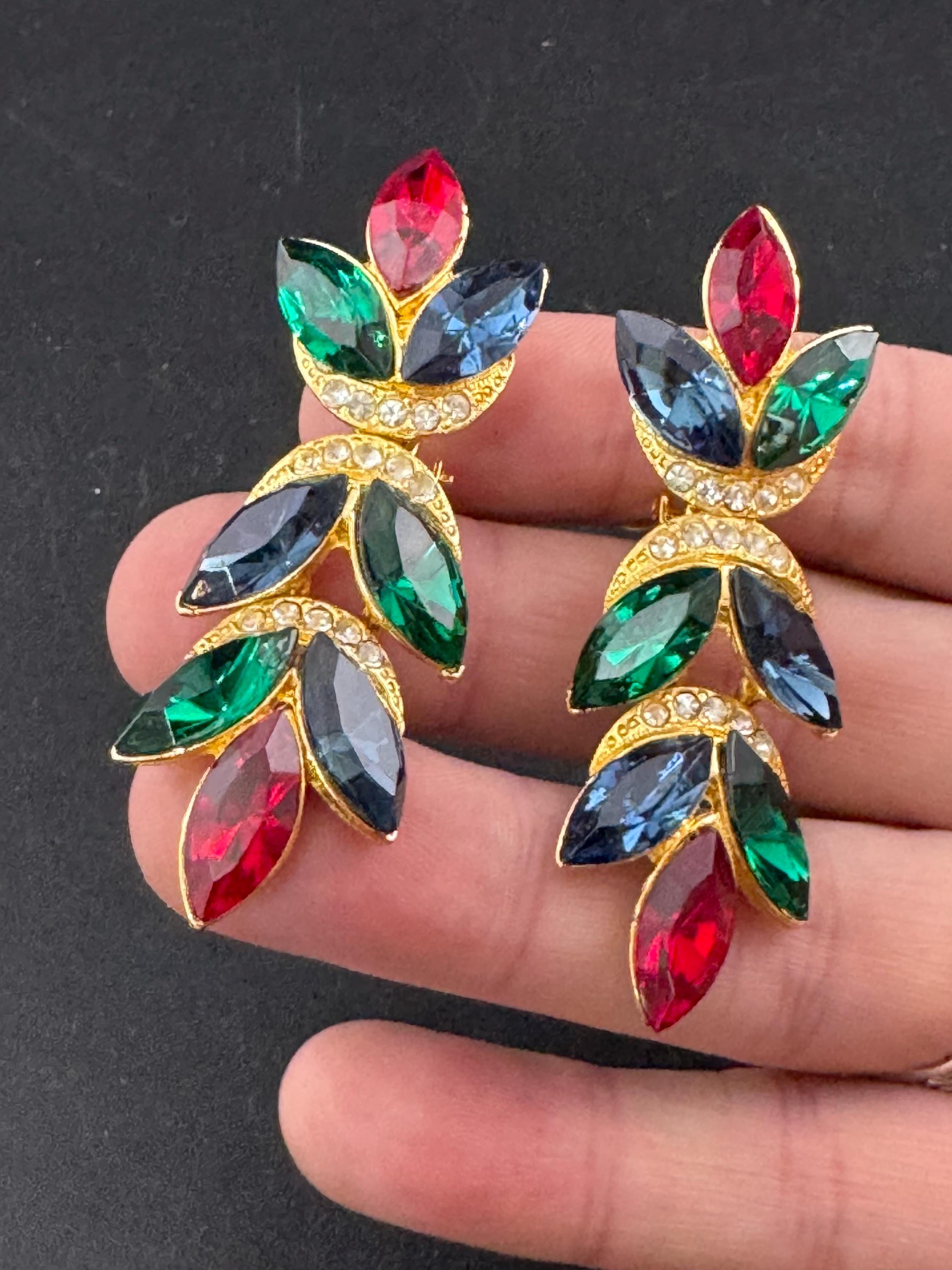 Vintage Swarovski Crystal Clip On Earrings: Ruby Red, Emerald Green, Sapphire Blue