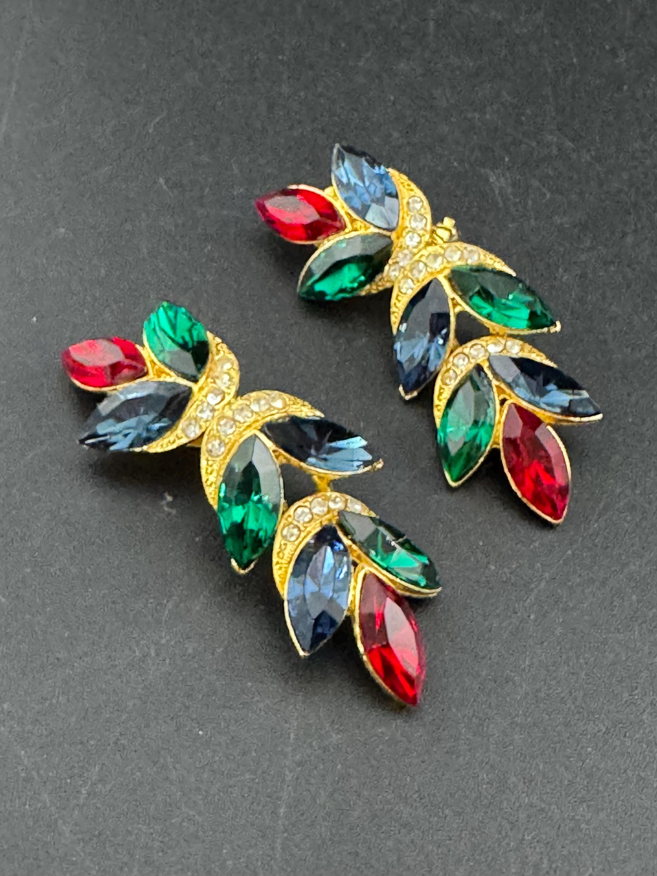 Vintage Swarovski Crystal Clip On Earrings: Ruby Red, Emerald Green, Sapphire Blue