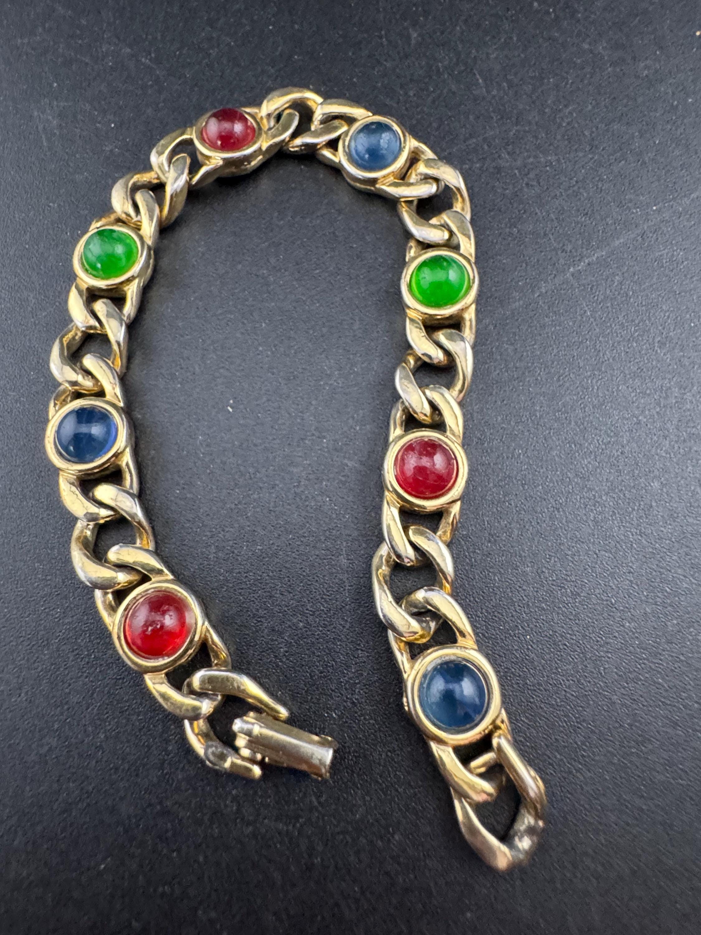 Retro Gold Tone slimtennis Bracelet set with red green and blue glass cabochons