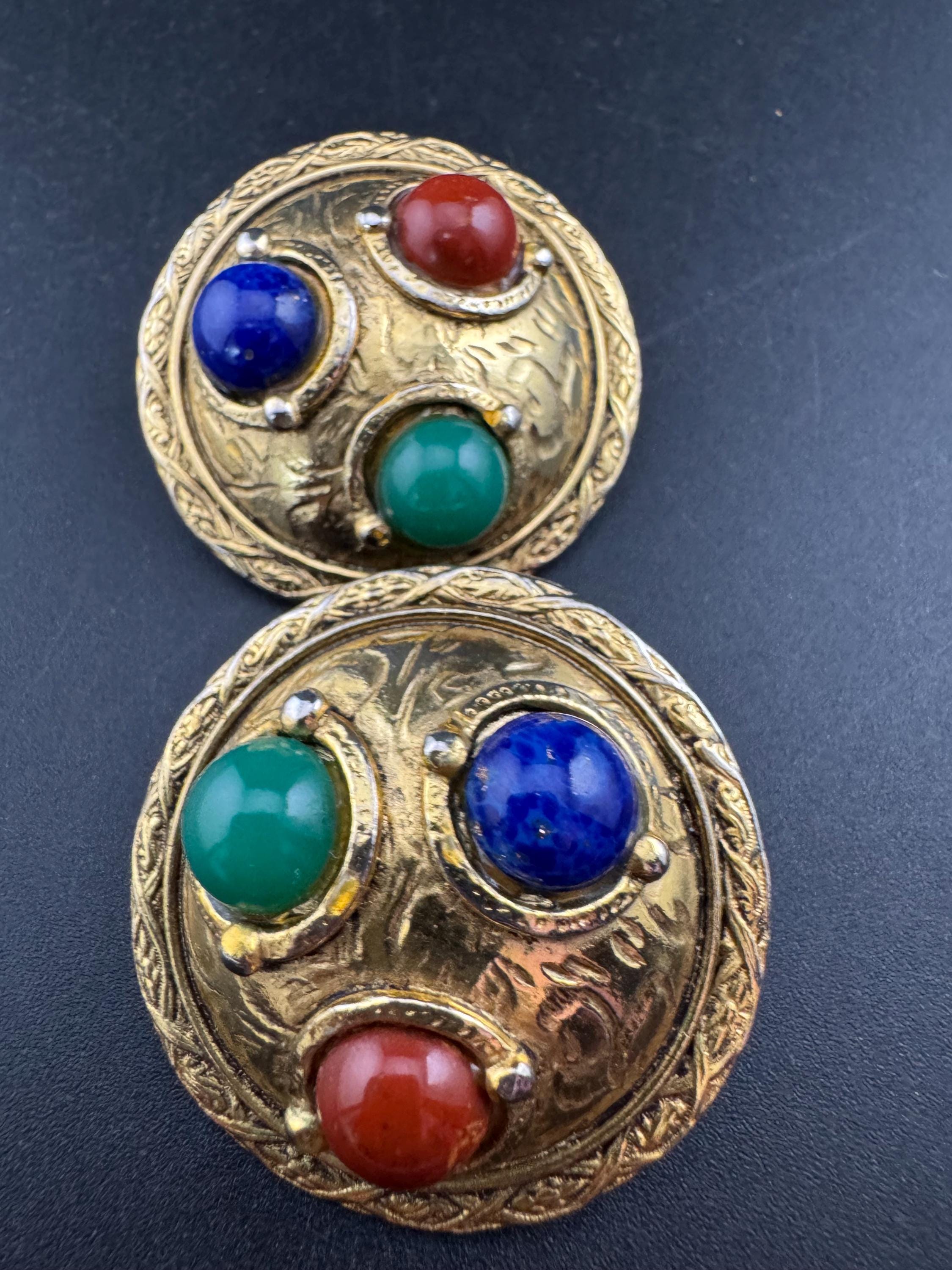 Signed French Abbey Road, Vintage 1980s Cabochon Clip On Earrings