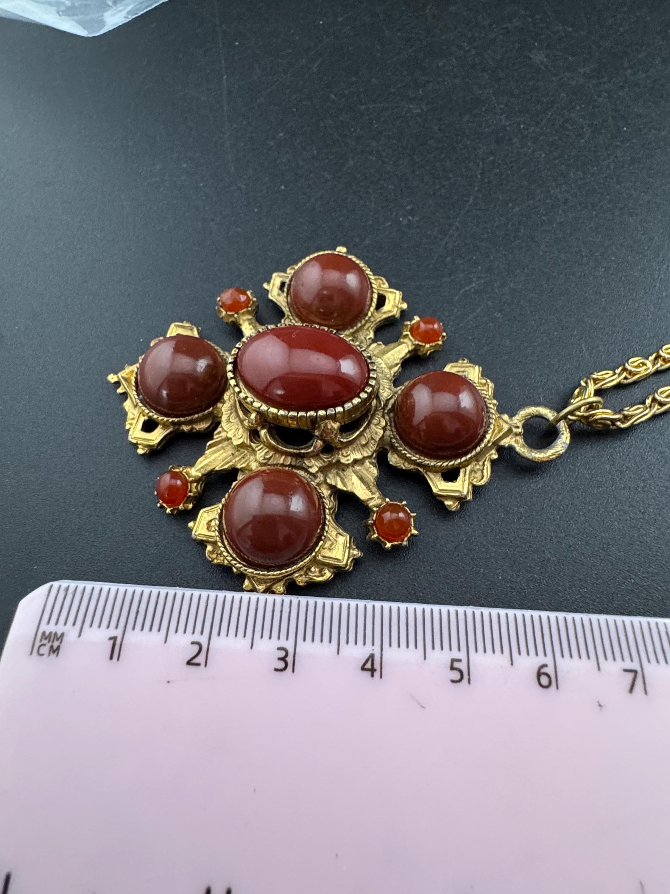 vintage carnelian red brown faux gemstone cabochons Maltese cross Pendant necklace, gold tone 1970s